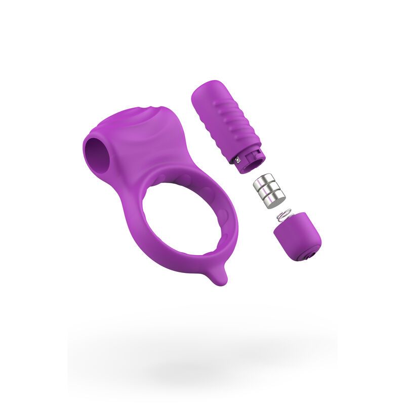 Lila Silikonring mit Rillenstruktur und abnehmbaren Vibrationsmodul. Einzelteile: Ring, Vibrator, Batterien.