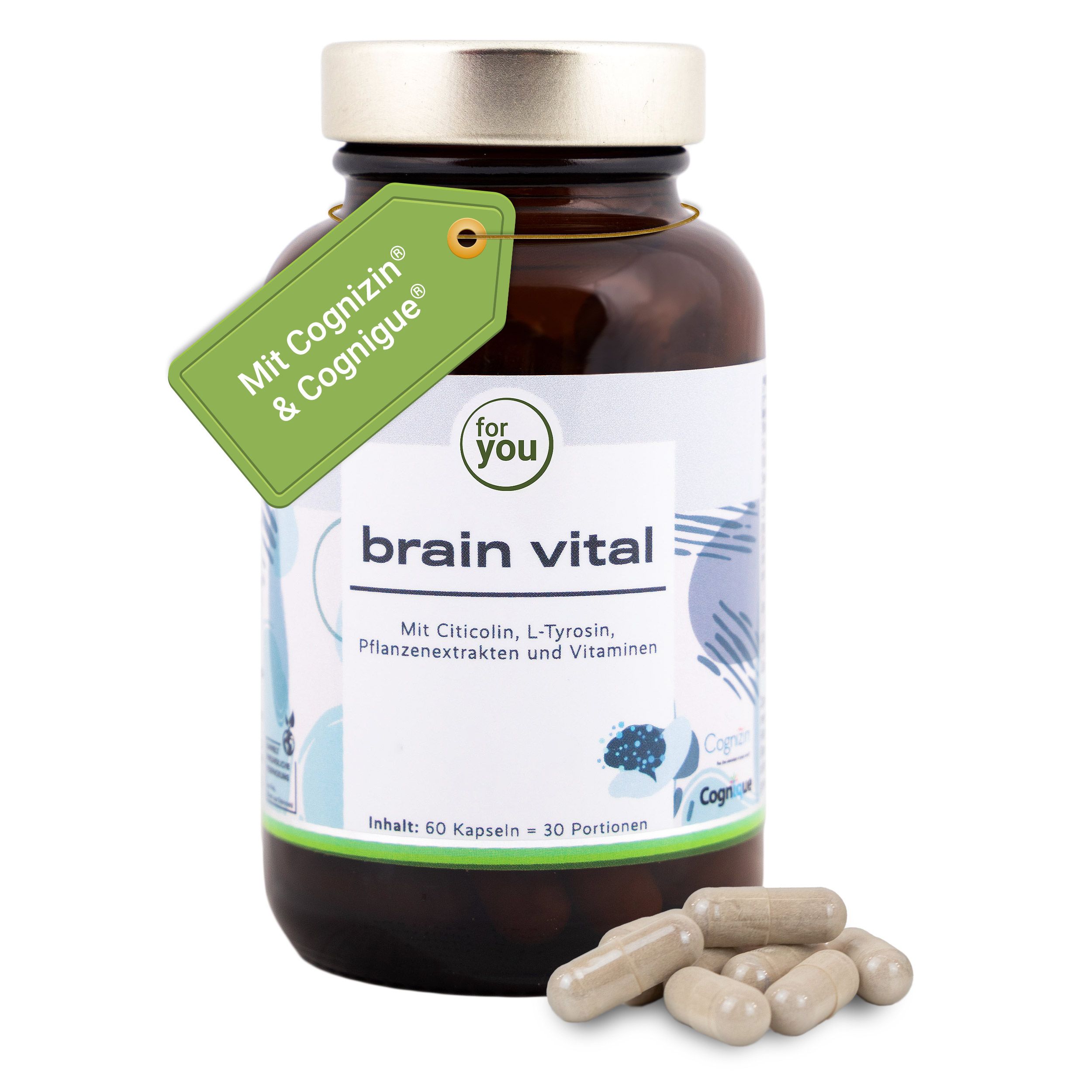 Braunes Glas mit Brain Vital Kapseln, Etikett und Anhänger.