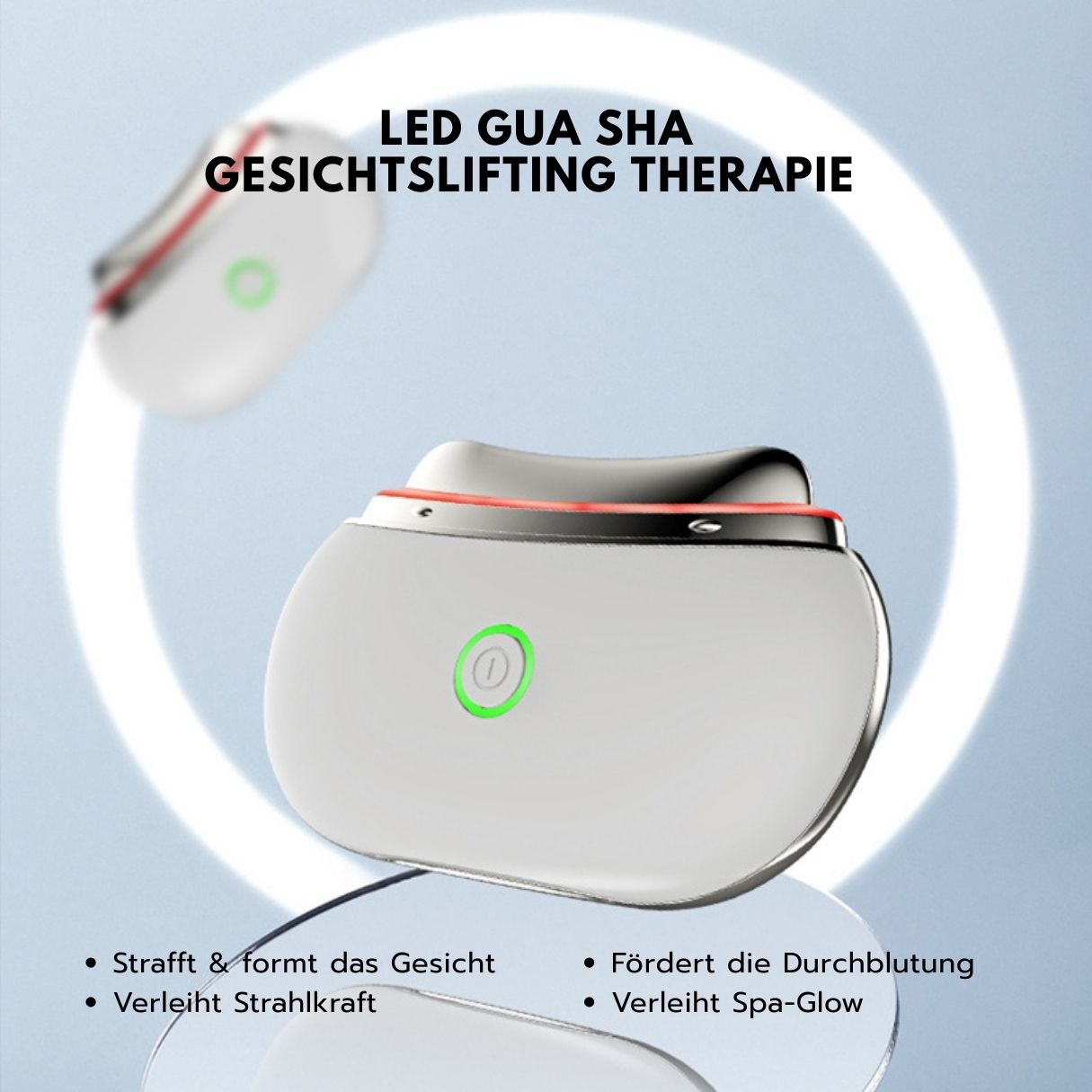 Weißes LED Gua Sha Lifting-Gerät mit Text: 'LED GUA SHA GESICHTSLIFTING THERAPIE'.