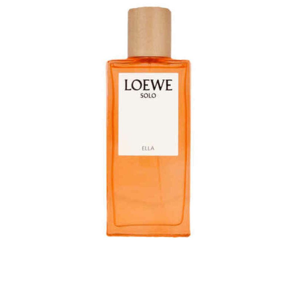 Loewe Solo Ella Eau de Parfum Spray. Rechteckiger Flakon mit Holzverschluss. Aufschrift: Loewe Solo, Ella. Flüssigkeit orange.