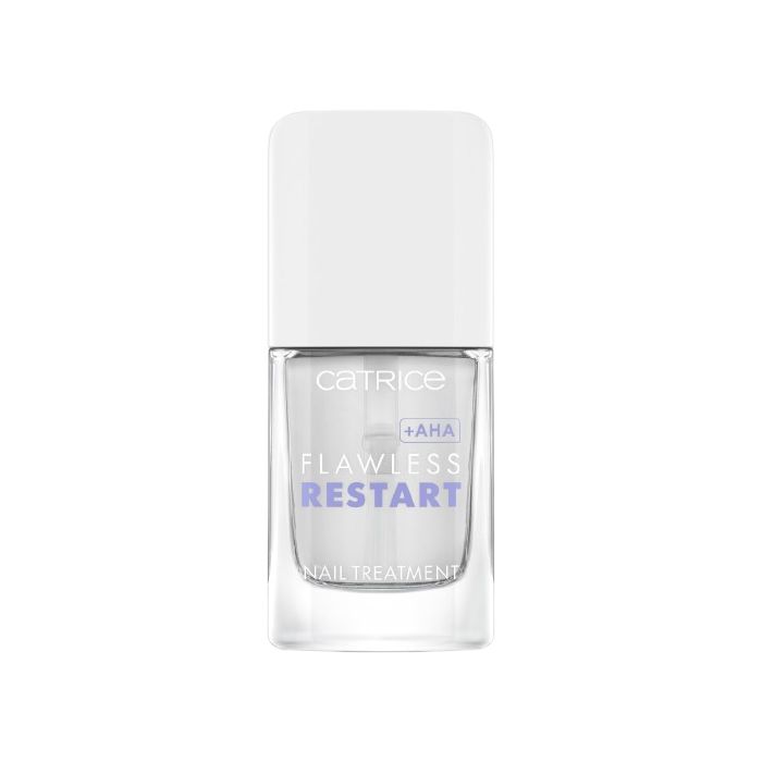 Klarer Nagellack in einer quadratischen Glasflasche mit weißem Deckel. Aufschrift: Flawless Restart, Nail Treatment.