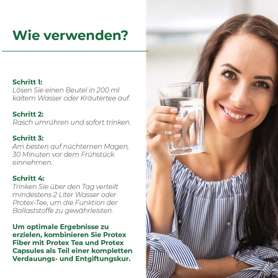 Frau trinkt Wasser neben Anweisungen zur Anwendung von Biostile Protex Fiber.