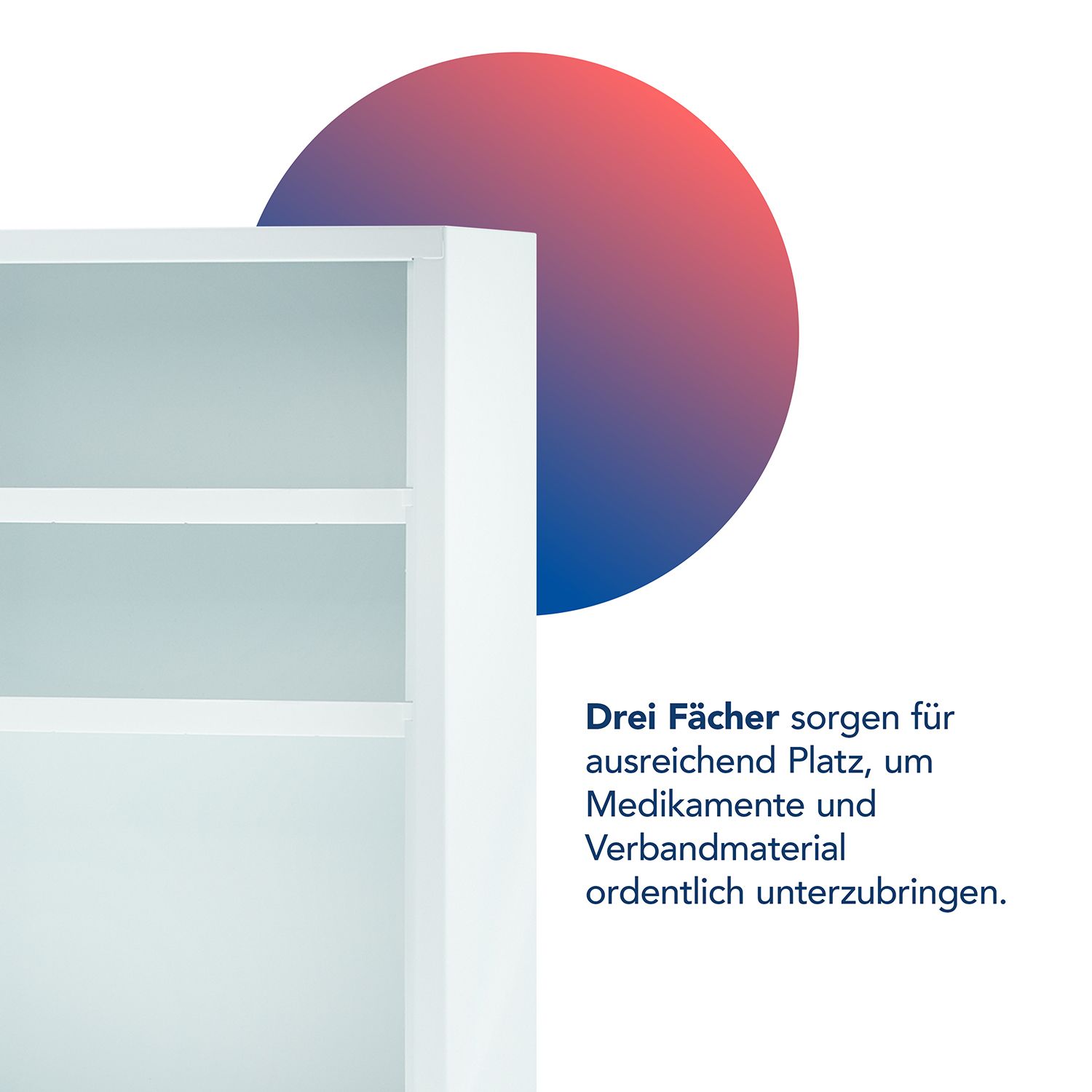 Detailansicht eines weißen Medizinkastens mit drei Fächern.