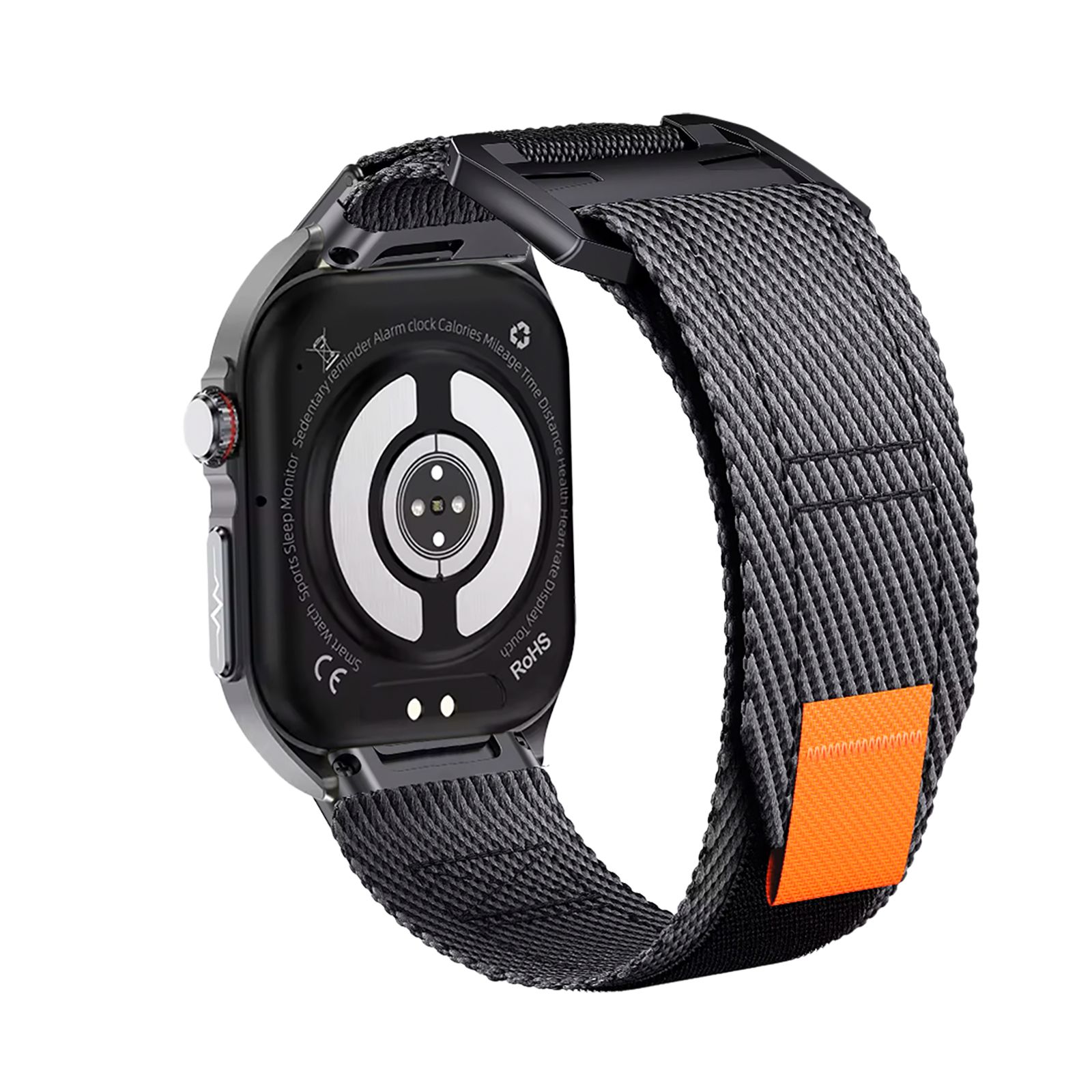 Rückseite einer Smartwatch mit Ladekontakten und CE-Kennzeichnung. Schwarzes Textilarmband mit orangefarbenem Detail.