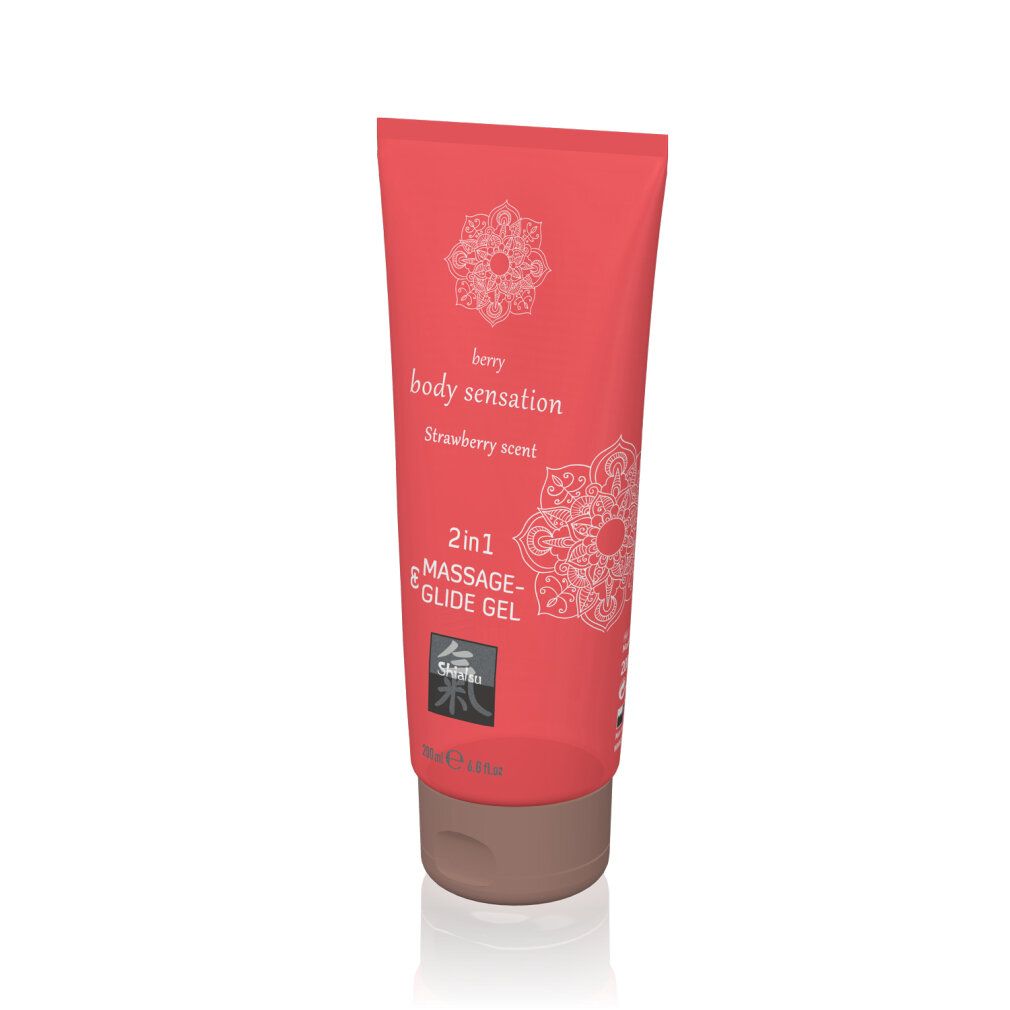 Rote Tube mit Aufschrift 'berry body sensation Strawberry scent'. 2in1 Massage- & Glide Gel.