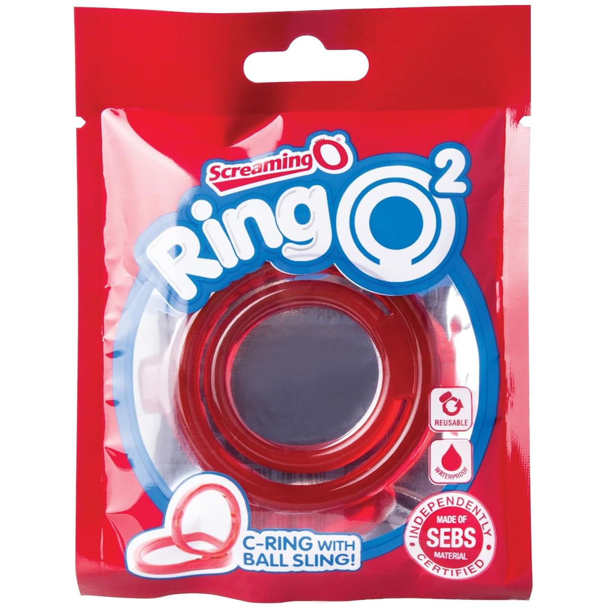 Rote C-Ringe in roter Verpackung. Aufschrift: Screaming O Ring O². Wiederverwendbar, wasserdicht. SEBS-Material zertifiziert.
