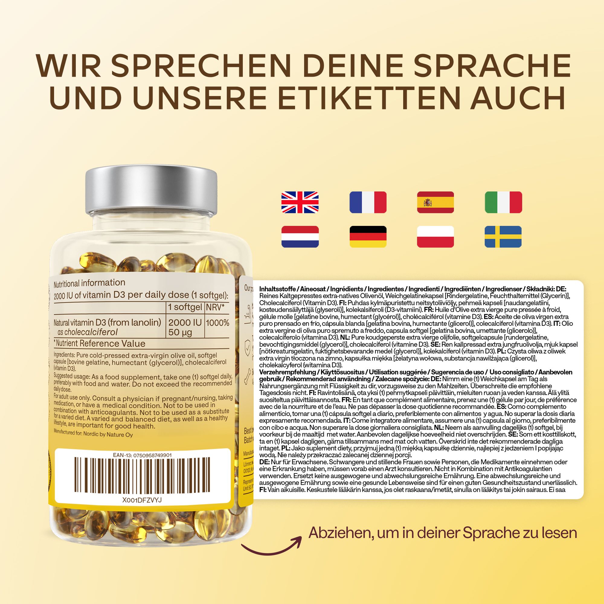 Flasche mit Vitamin D3 und Text in verschiedenen Sprachen. Enthält Informationen zur Anwendung.