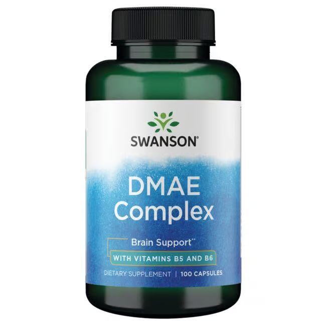 Grüne Flasche mit weißem Etikett. Aufschrift: SWANSON DMAE Complex, Brain Support, mit Vitaminen B5 und B6. 100 Kapseln.