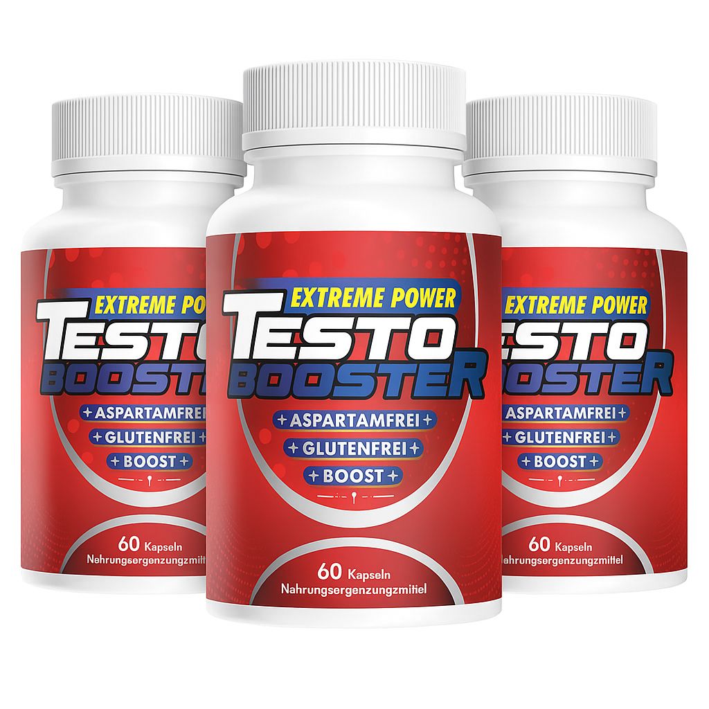 Drei Flaschen mit rotem Etikett. Aufschrift: Testo Booster Extreme Power, +Aspartamfrei+, +Glutenfrei+, +Boost+. Jede Flasche enthält 60 Kapseln.