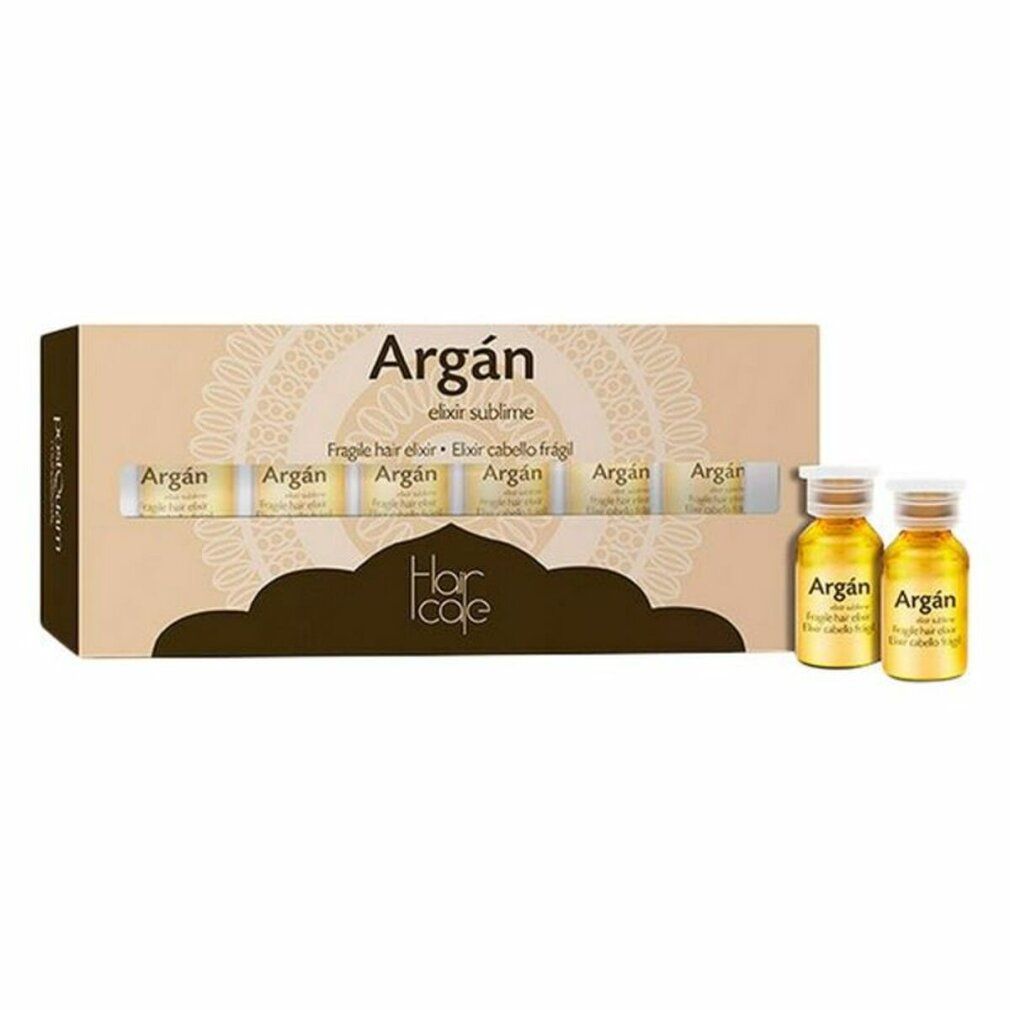 Kartonverpackung mit sechs Ampullen und zwei Fläschchen. Aufschrift: Argan, Elixir sublime, Fragile hair elixir. Marke: Hair cafe.