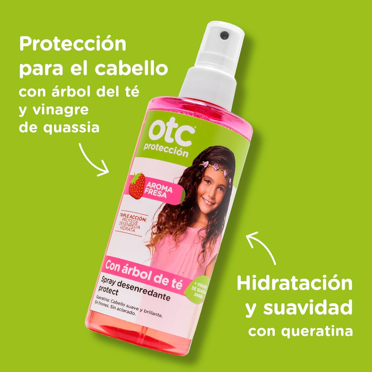 Produktflasche mit Text und Erdbeere. Text: OTC Protección. Aroma Fresa. Spray desenredante protect.