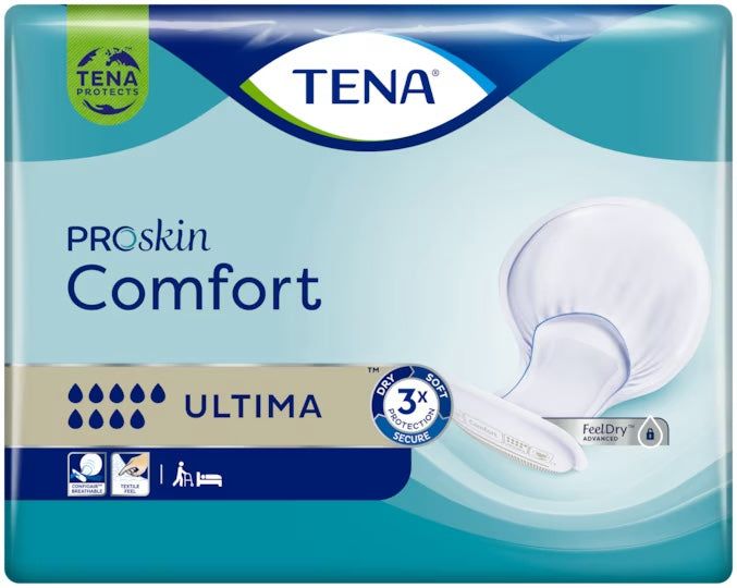 Verpackung von TENA Comfort Ultima. Aufdruck: ProSkin Comfort, Ultima, 3x Schutz, FeelDry Advanced. Logo: TENA.