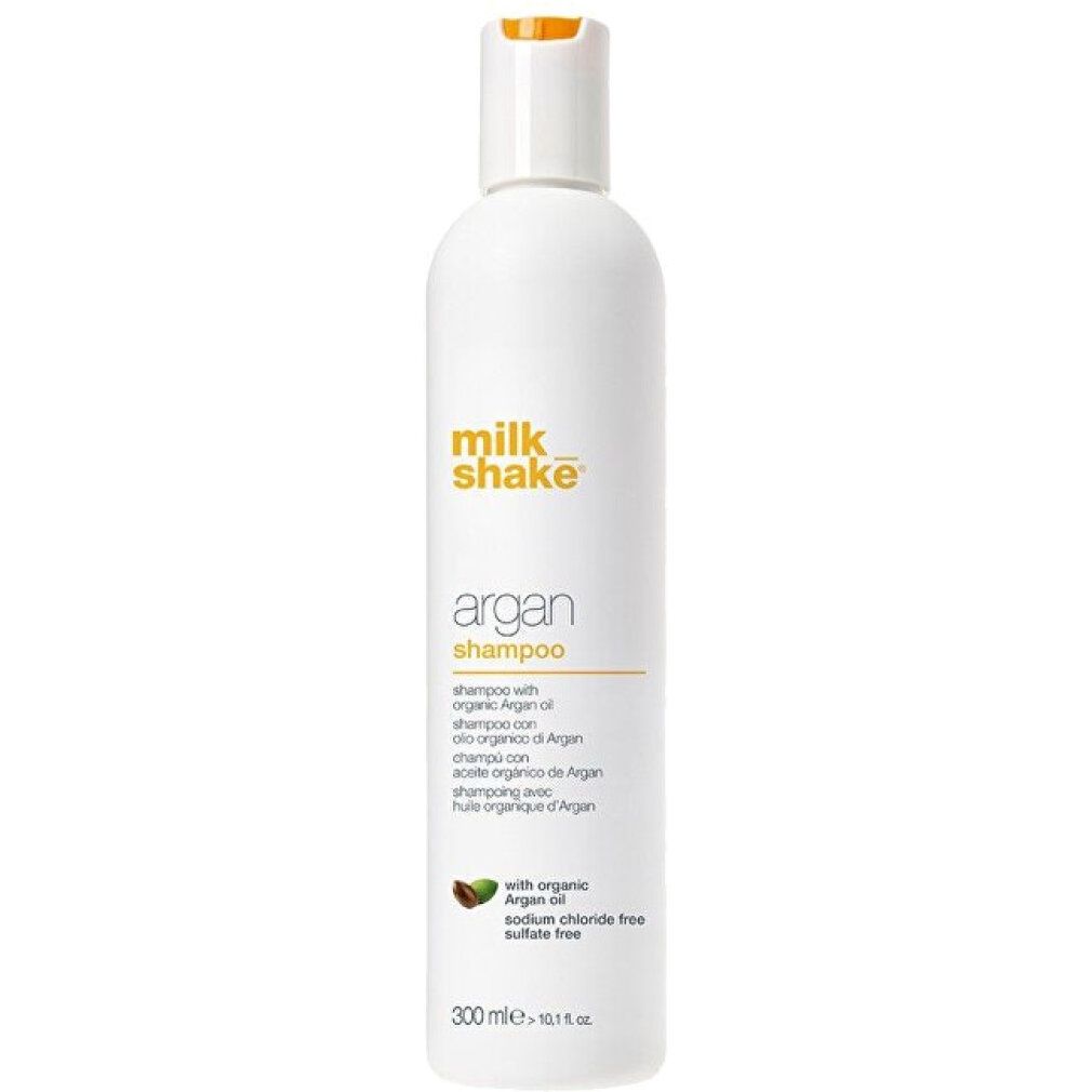 Weiße Flasche mit gelbem Aufdruck. Beschriftung: milk_shake Argan Shampoo. Enthält Arganöl. 300 ml.