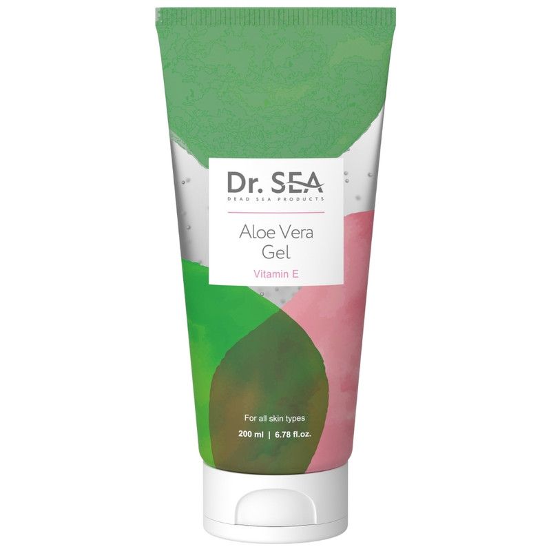 Tube mit Aloe Vera Gel und Vitamin E. Grün-rosa Design. Text: Dr. SEA, Aloe Vera Gel, Vitamin E.