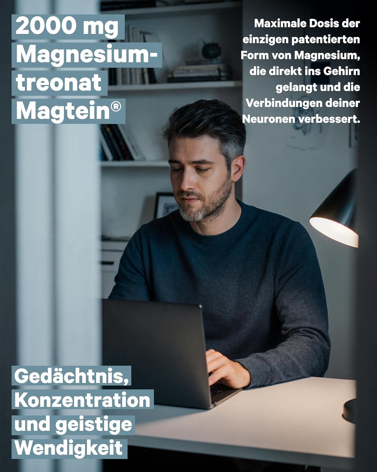 Mann arbeitet am Laptop, Text über Gedächtnis, Konzentration und geistige Wendigkeit.