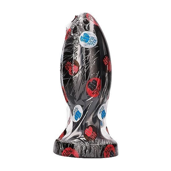 Schwarzer Analplug mit tiefen Rillen. Kegelförmig mit breiter Basis.