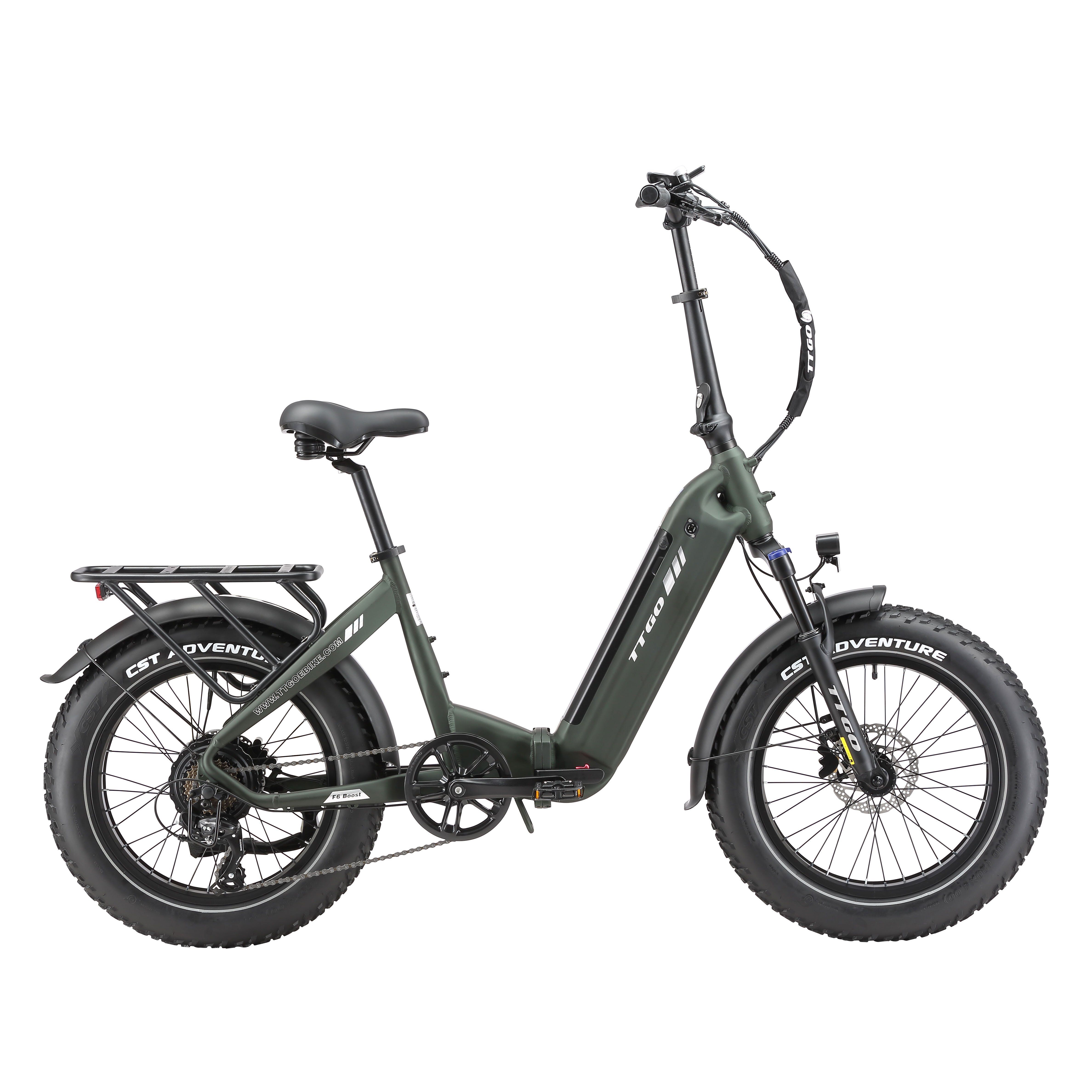 Faltbares E-Bike, olivgrün. Schwarze Reifen, Sattel und Lenker. Gepäckträger hinten. TTGO-Logo am Rahmen.