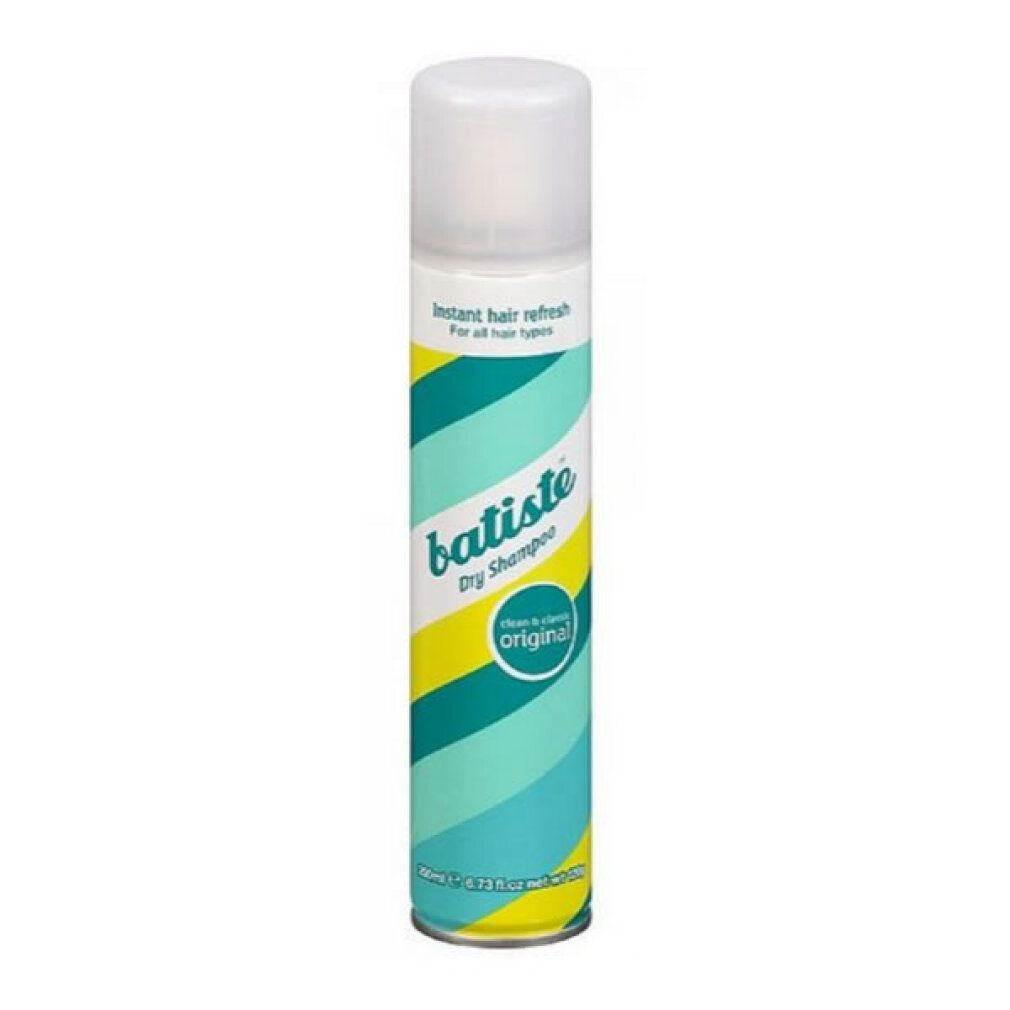Batiste Dry Shampoo Original Dose mit blau-grün-gelbem Wirbelmuster.
