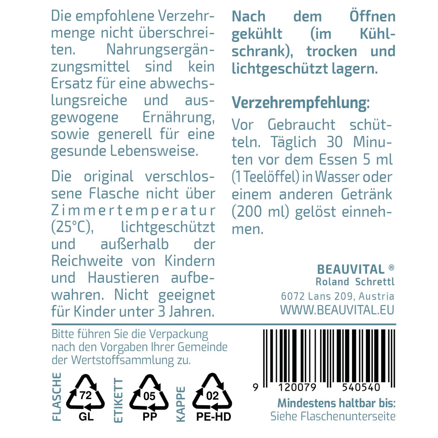 Rückseite eines Etiketts mit Anwendungshinweisen, Lagerung und Herstellerangaben für BIO SHIITAKE KUR EXTRAKT.