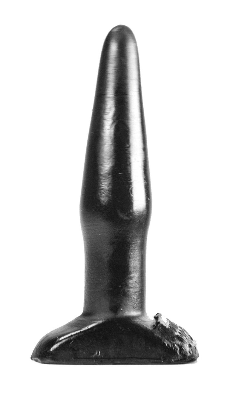 Schwarzer Analplug mit konischer Form und breiter Basis. Glatte Oberfläche. Auf weißem Hintergrund.