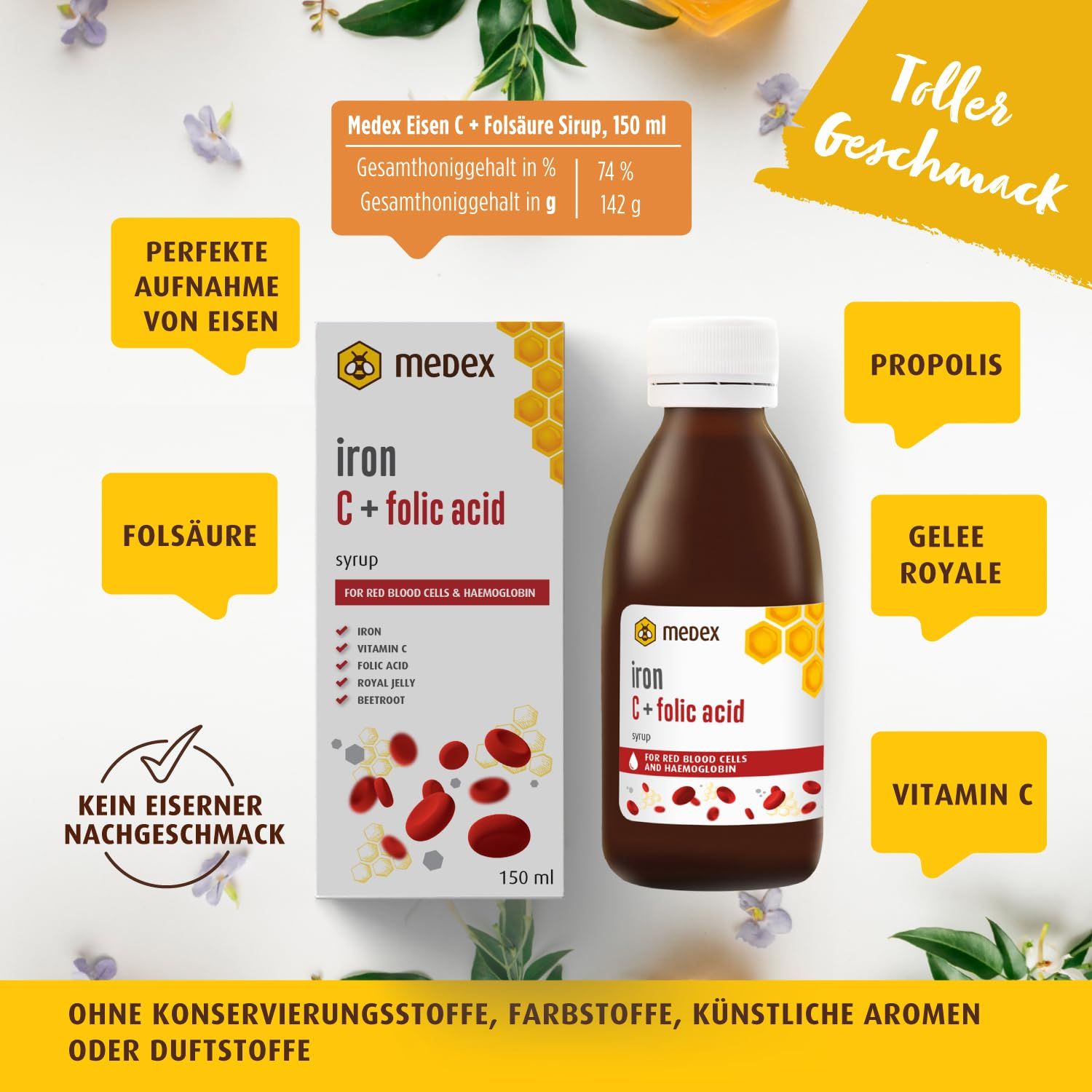 Medex Eisen C + Folsäure Sirup, Flasche und Schachtel. Elemente: Folsäure, Propolis, Gelée Royale, Vitamin C. Aufschrift: Kein eiserner Nachgeschmack.