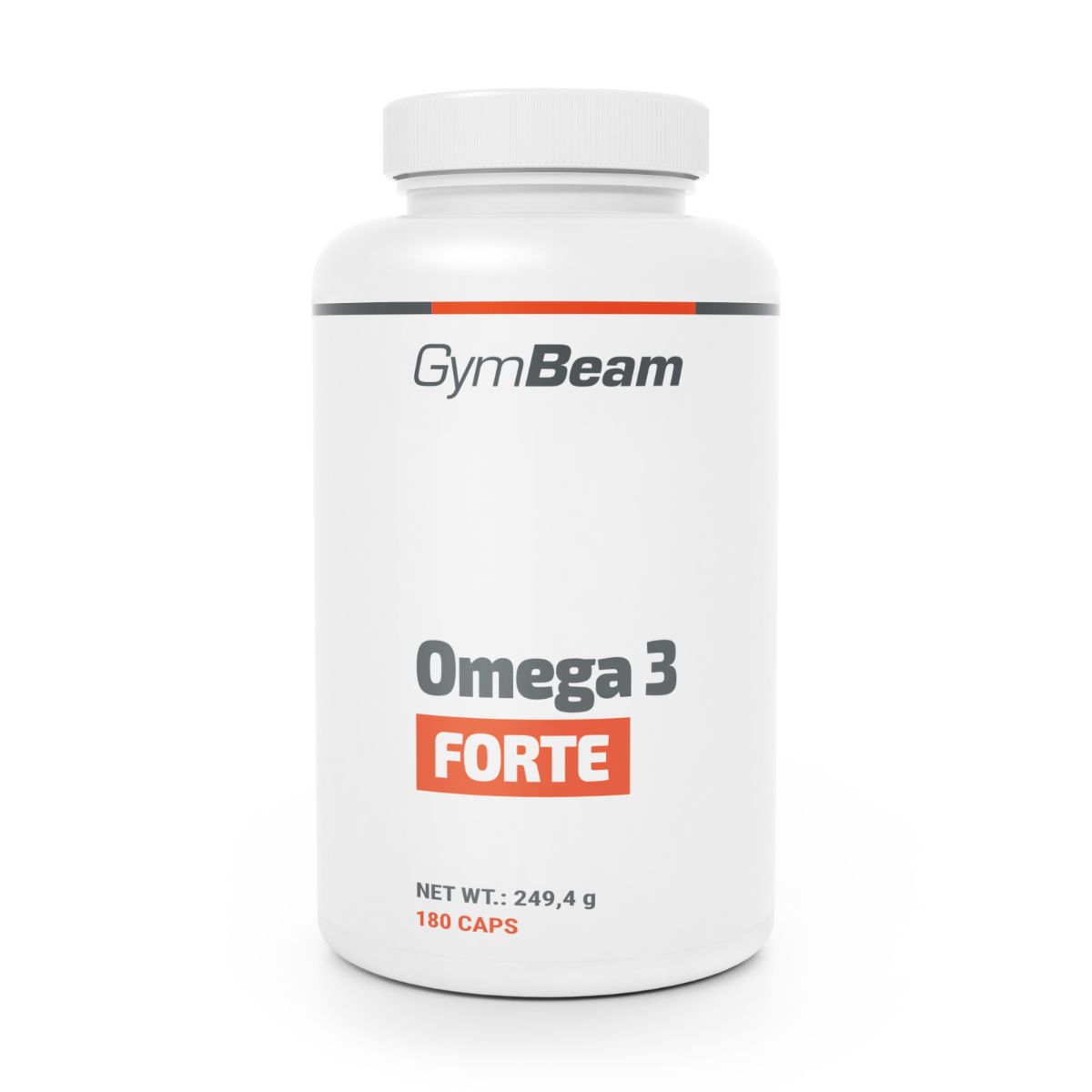 GymBeam Omega 3 Forte Kapseldose mit 180 Kapseln. Weiße Dose mit orange-grauem Etikett.