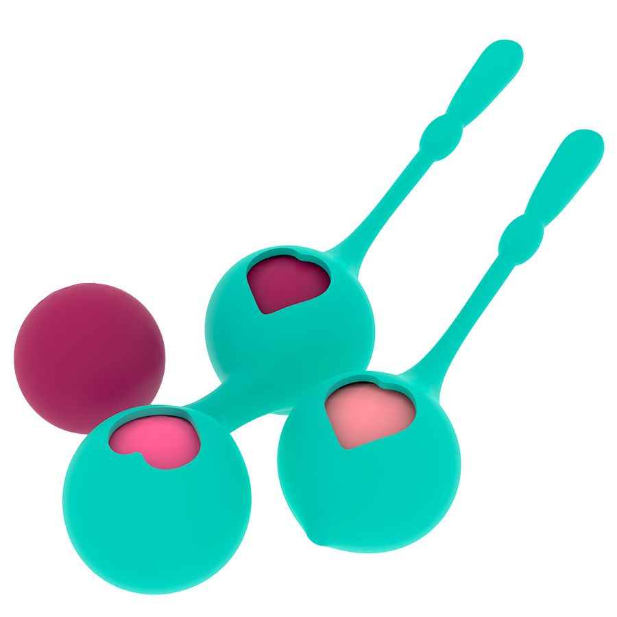 Zwei Kegel-Kugeln in Türkis mit Herzform und eine separate Kugel. Farben: Türkis, Pink und Lila.