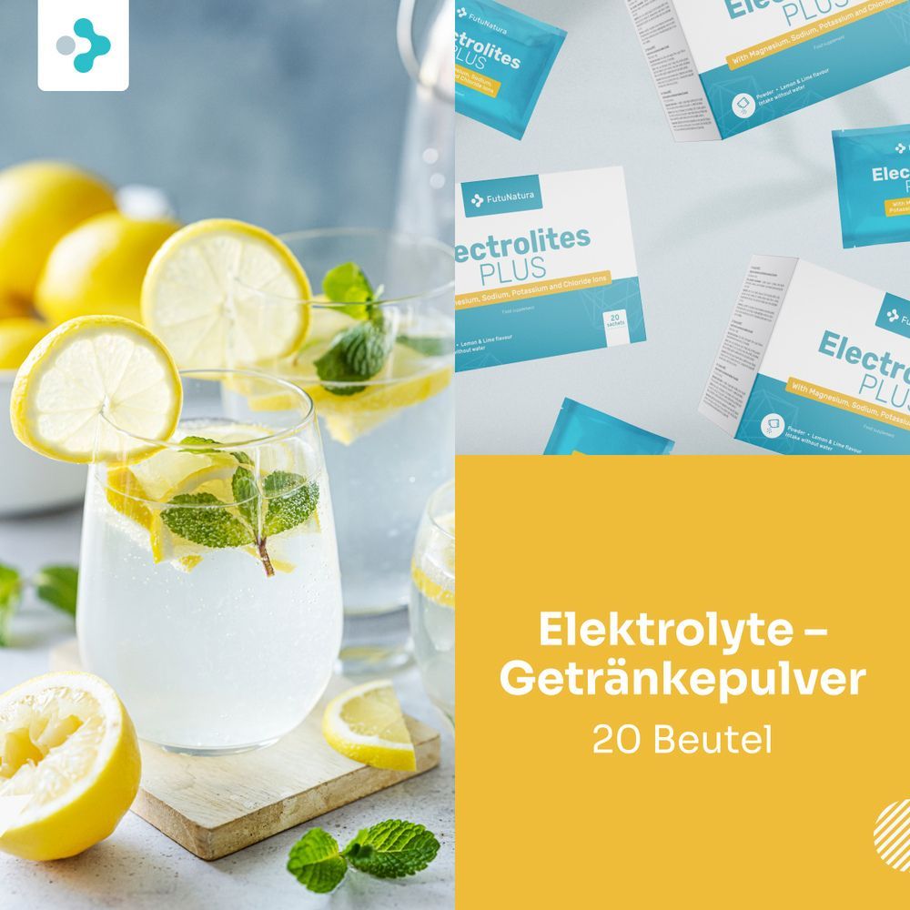 Elektrolyte PLUS-Getränkepulver. 20 Beutel. Marke FutuNatura. Produkt neben Gläsern mit Wasser, Zitrone und Minze.