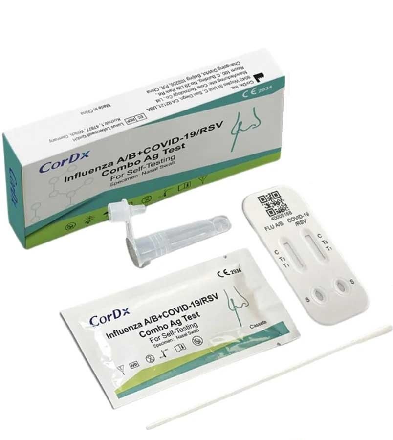 Verpackung und Komponenten des CorDx Influenza A/B + COVID-19/RSV Combo Ag Tests. Enthält Testkassette, Tupfer, Röhrchen.
