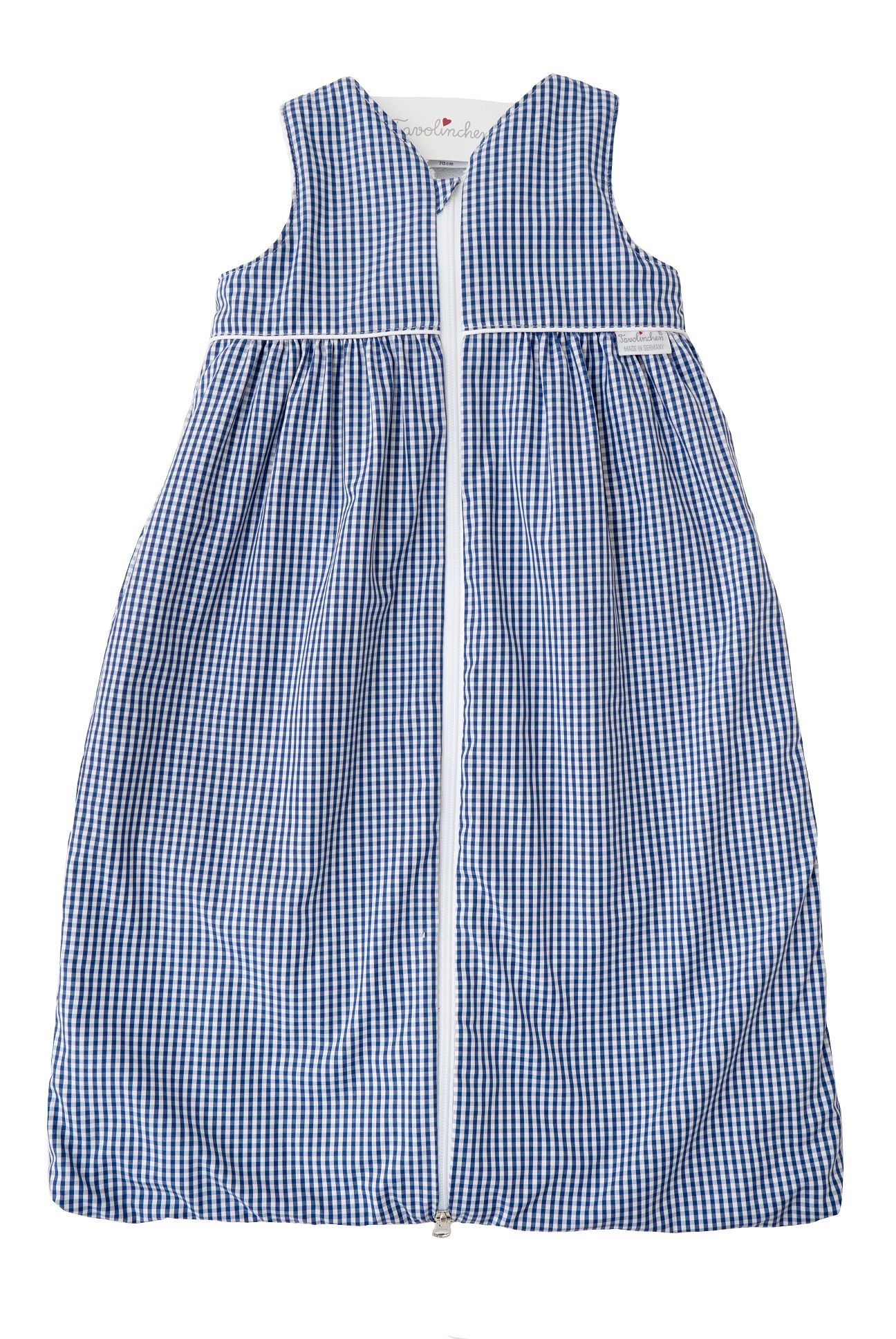 Blau-weiß karierter Schlafsack mit Reißverschluss. Weißer Saum und Logo. V-Ausschnitt.