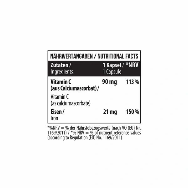 Nährwertangaben für MST Iron Bisglycinate. Enthält Vitamin C und 21mg Eisen pro Kapsel.