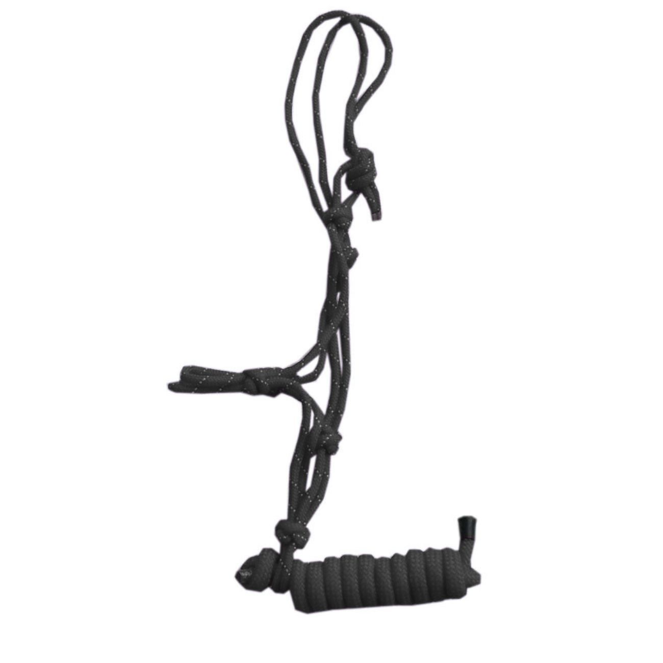 Schwarzer Knotenhalfter mit Seil. Seil mit Knoten und Griff. Detailansicht.