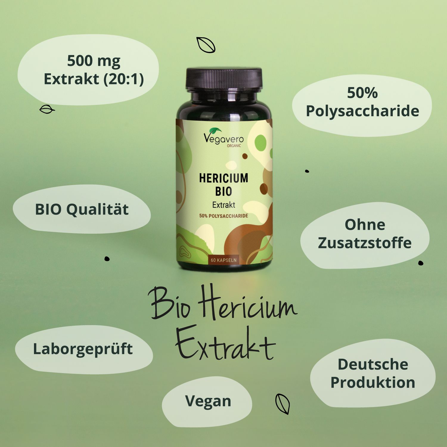 Grüne Flasche mit schwarzem Deckel. Aufschrift: Hericium BIO Extrakt, 50% Polysaccharide. 60 Kapseln. Mit Infografiken zu Inhaltsstoffen.
