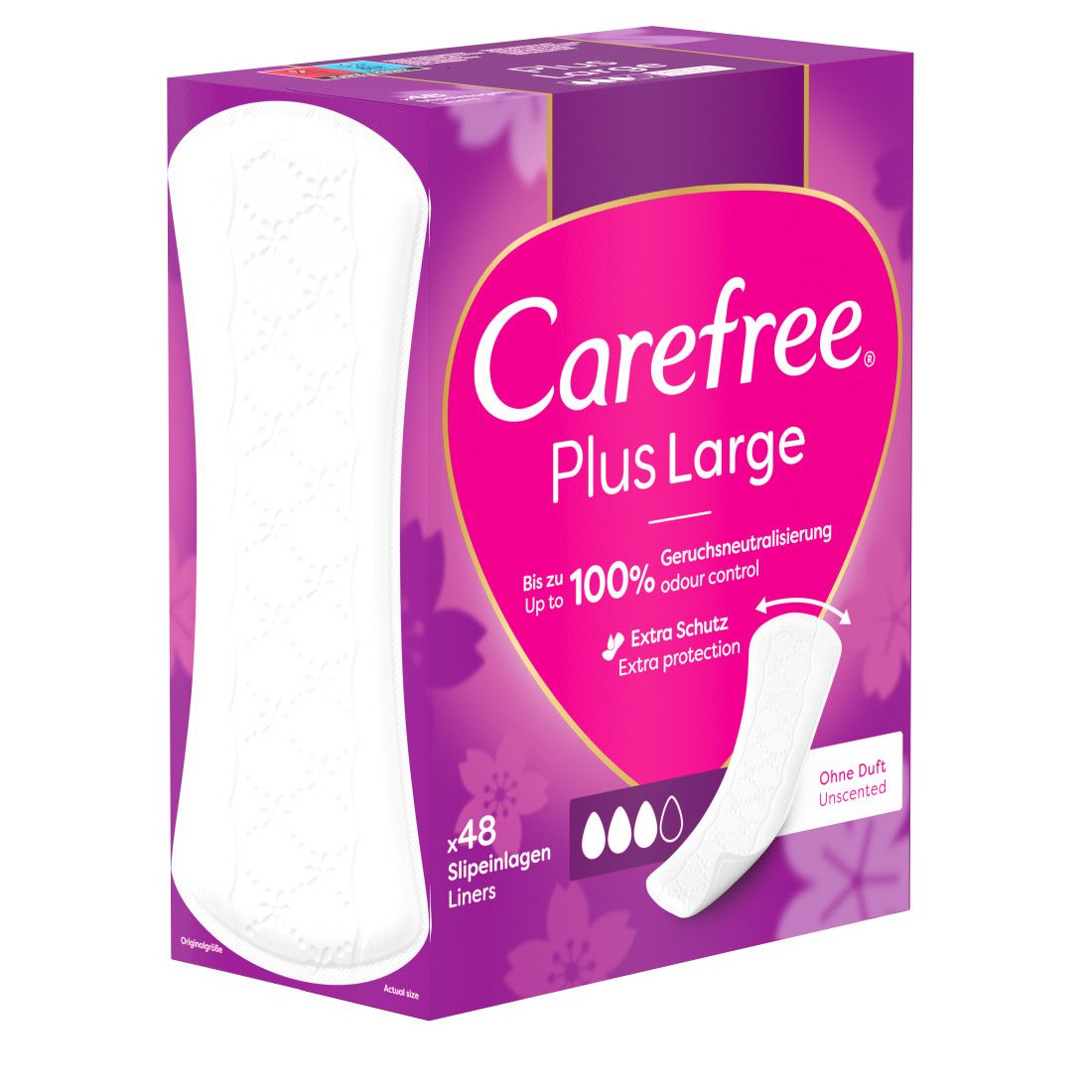 Carefree Plus Large Slipeinlagen. Weiße Slipeinlagen neben der Verpackung. 48 Stück. Ohne Duft.