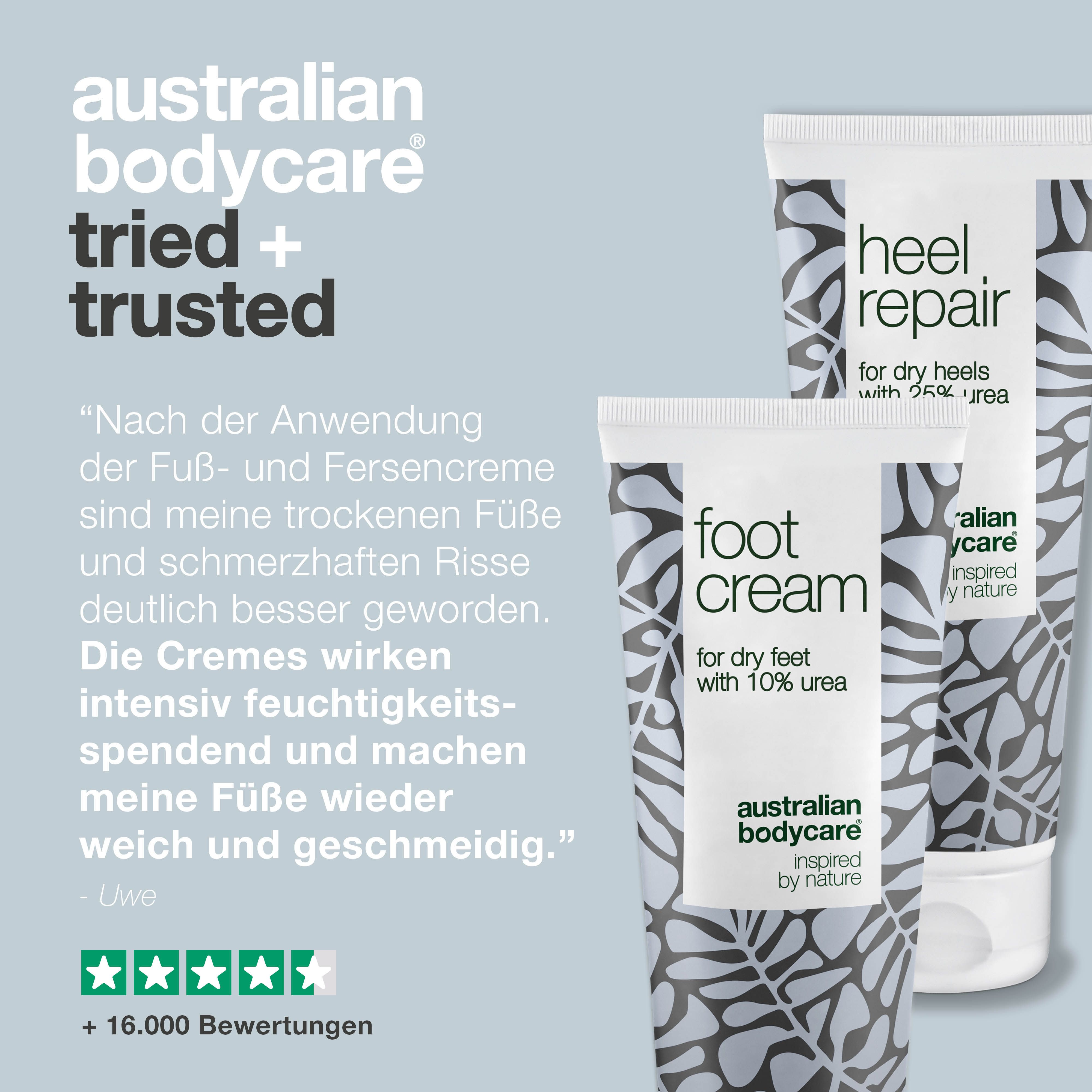 Zwei Tuben Fußcreme und Fersenreparatur. Text: Tried + Trusted. Produktinformationen und Bewertungen.
