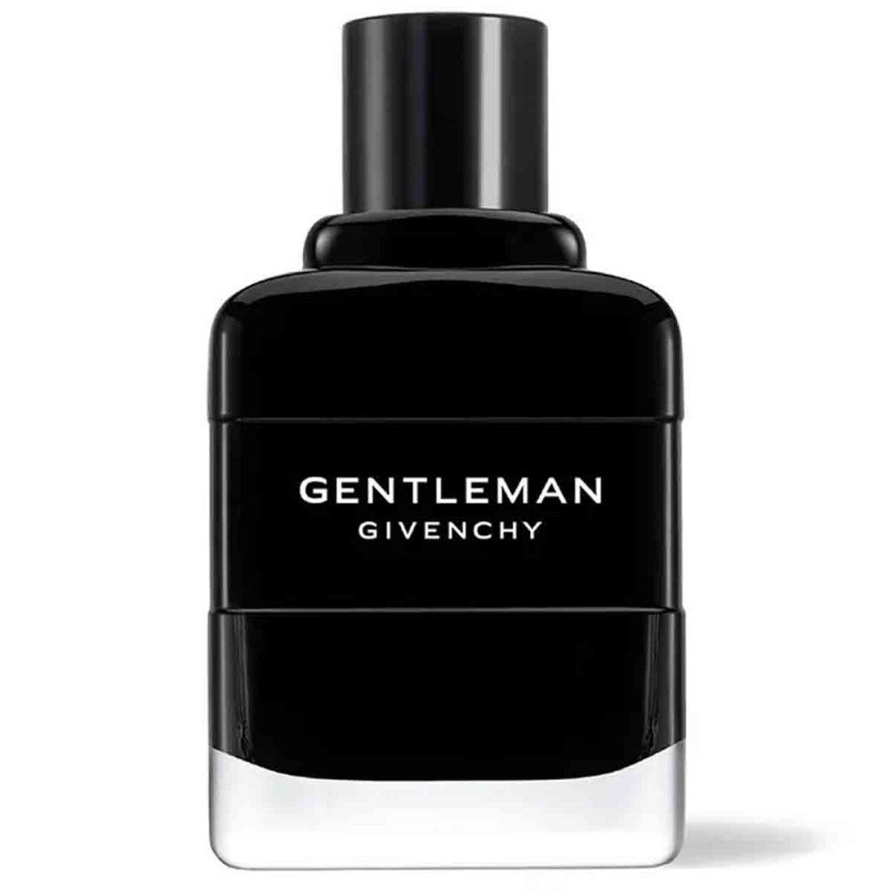 Schwarzer Flakon mit schwarzem Verschluss. Aufschrift: GENTLEMAN GIVENCHY. Transparenter Boden.