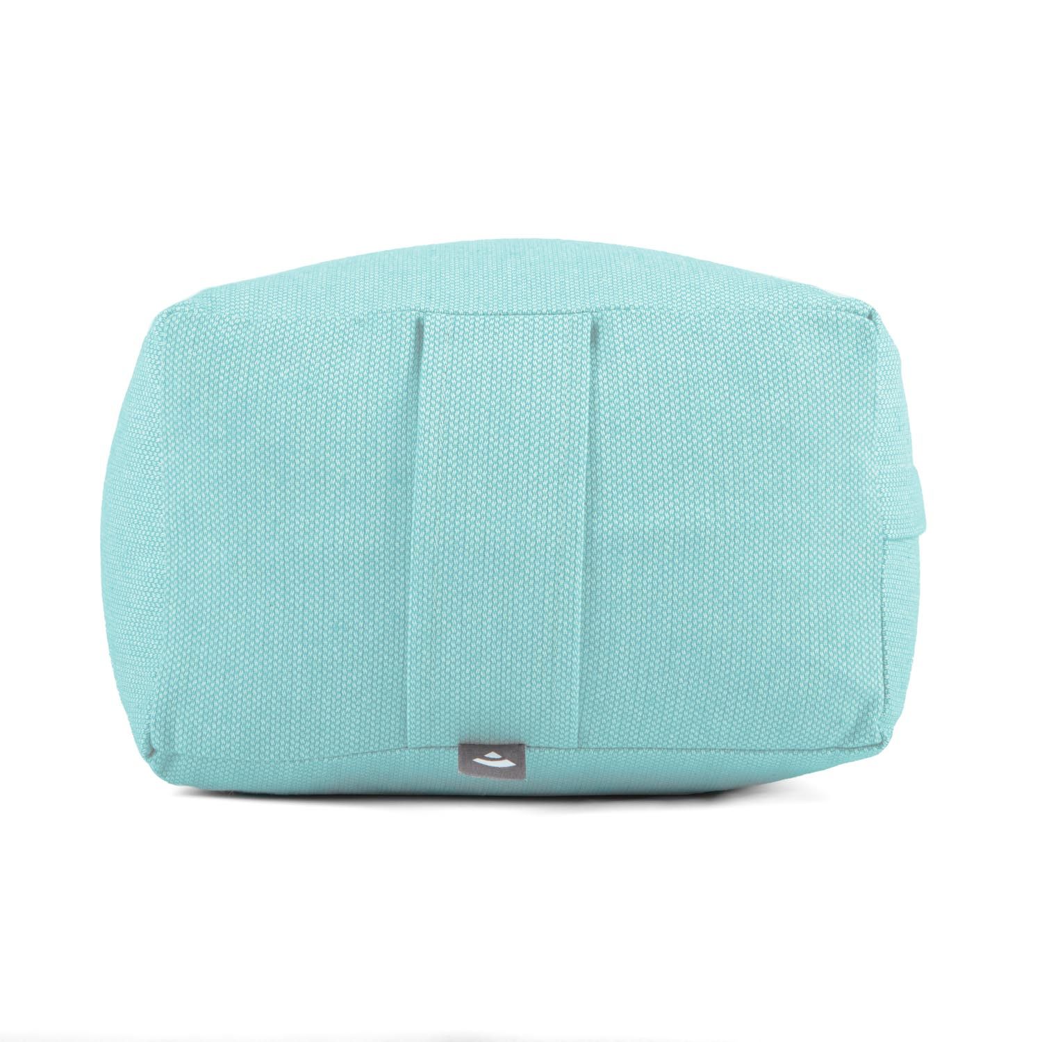 Türkisfarbener Yoga Bolster, Ansicht von oben, mit Griffschlaufe.