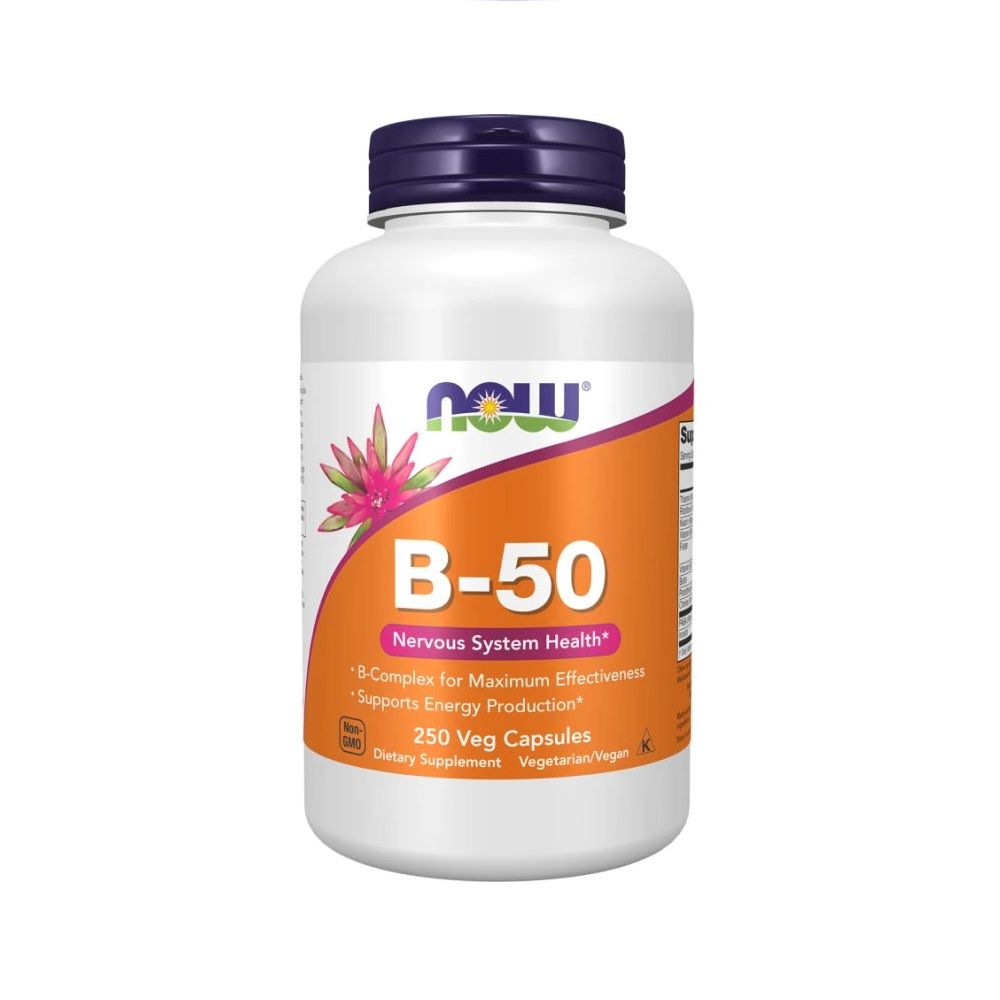NOW FOODS B-50 Vitamin B-Komplex, 250 Veg-Kapseln. Unterstützt das Nervensystem und die Energieproduktion.