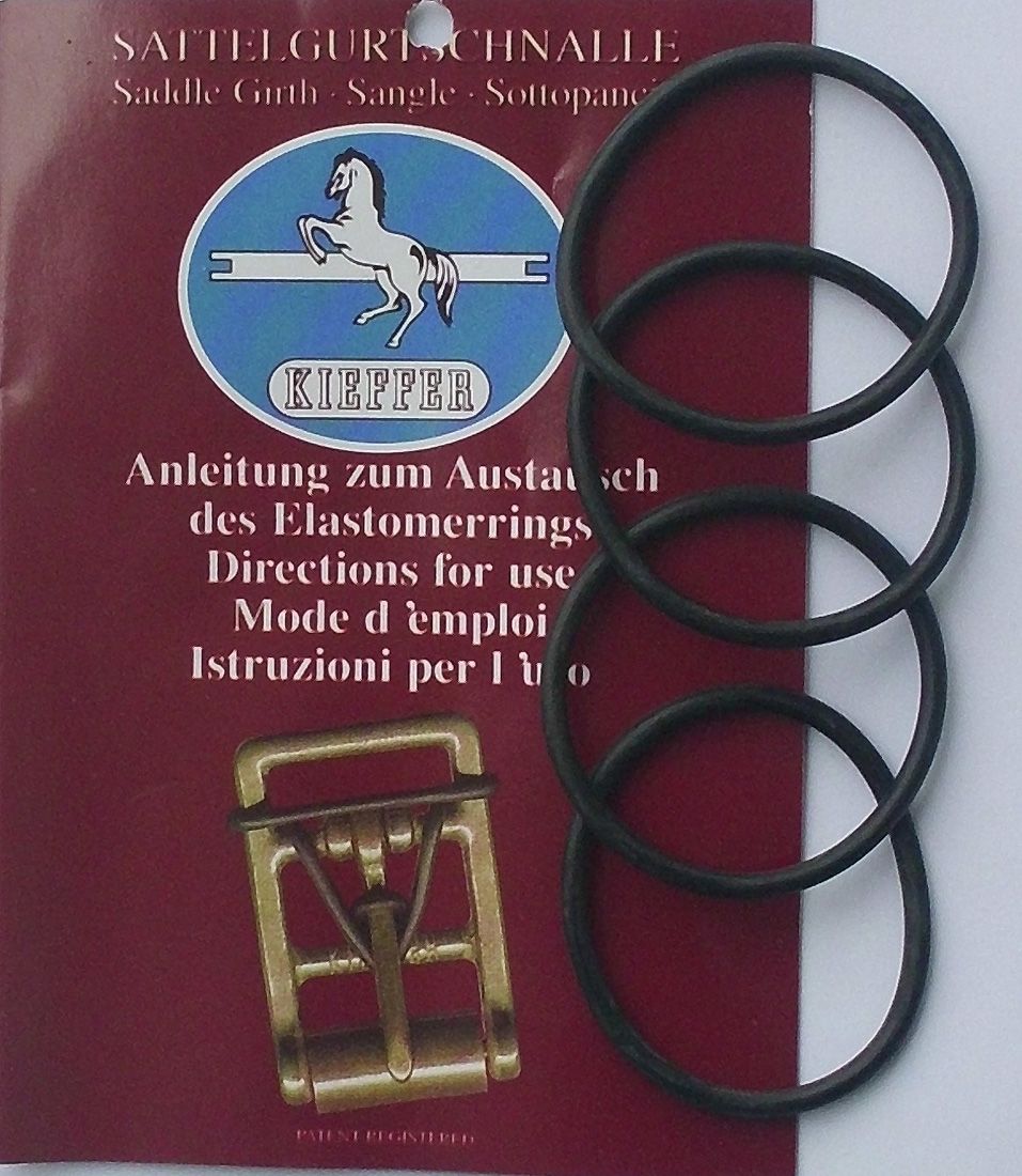 Verpackung mit vier schwarzen Gummiringen, einer Schnalle und dem Logo von Kieffer. Text: Anleitung zum Austausch des Elastomerrings.