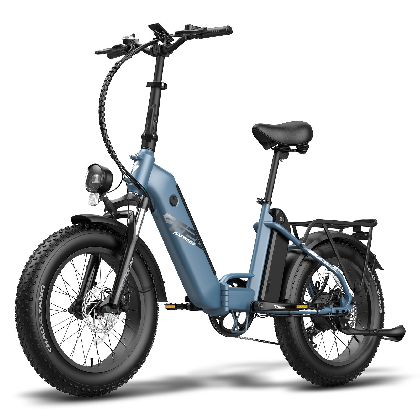 Blaues, faltbares E-Bike. Schwarze Reifen, Sattel und Gepäckträger. Rücklicht. Marke Fafrees.