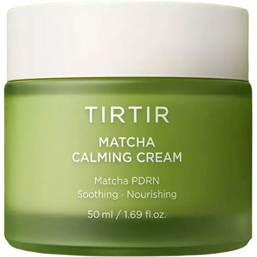Tiegel mit grüner Creme. Text: TIRTIR Matcha Calming Cream, 50 ml / 1.69 fl.oz. Weißer Deckel, grünes Glas. Nahaufnahme.