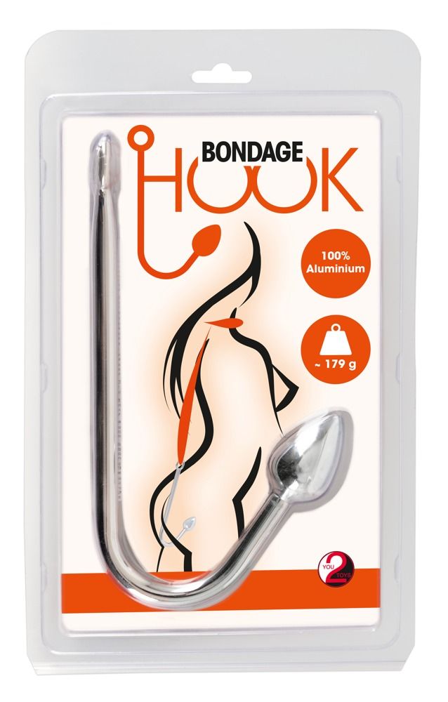 Metall-Hook in Blisterverpackung. Aufschrift: BONDAGE HOOK, 100% Aluminium, ca. 179 g. Abbildung einer Person.