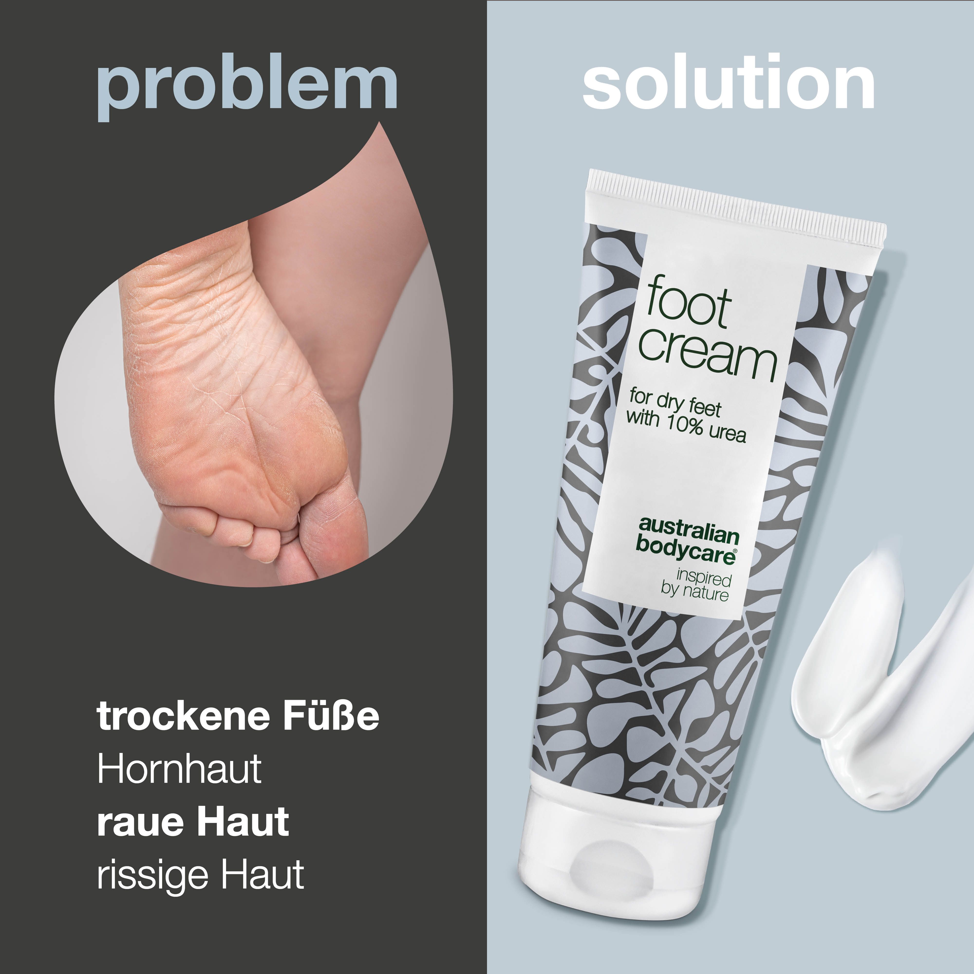 Vergleich: trockener Fuß und Fußcreme-Tube. Text: "Problem", "Lösung", "foot cream", "australian bodycare".