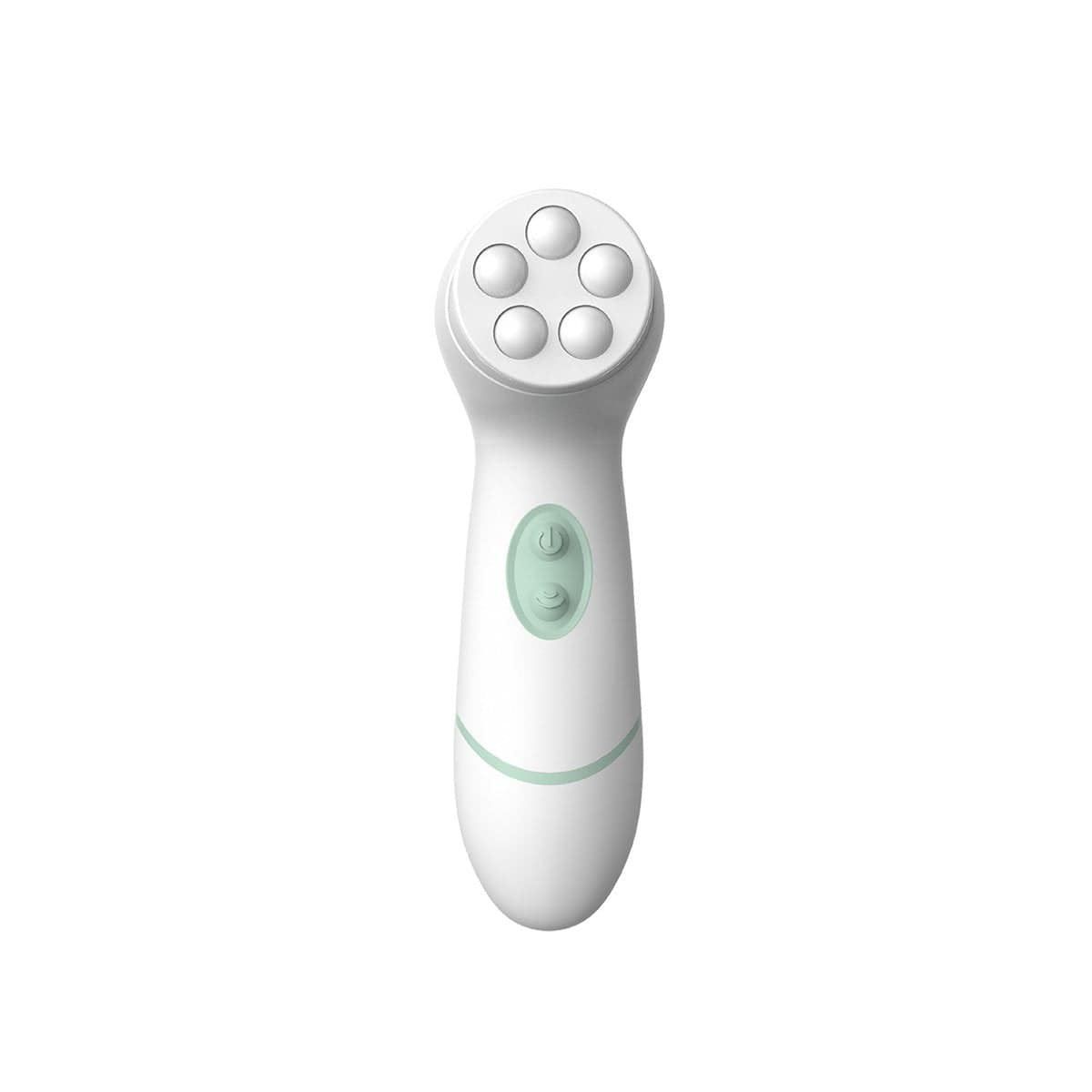 Weiße Gesichtsreinigungsbürste mit fünf runden Aufsätzen und zwei grünen Knöpfen, freigestellt.