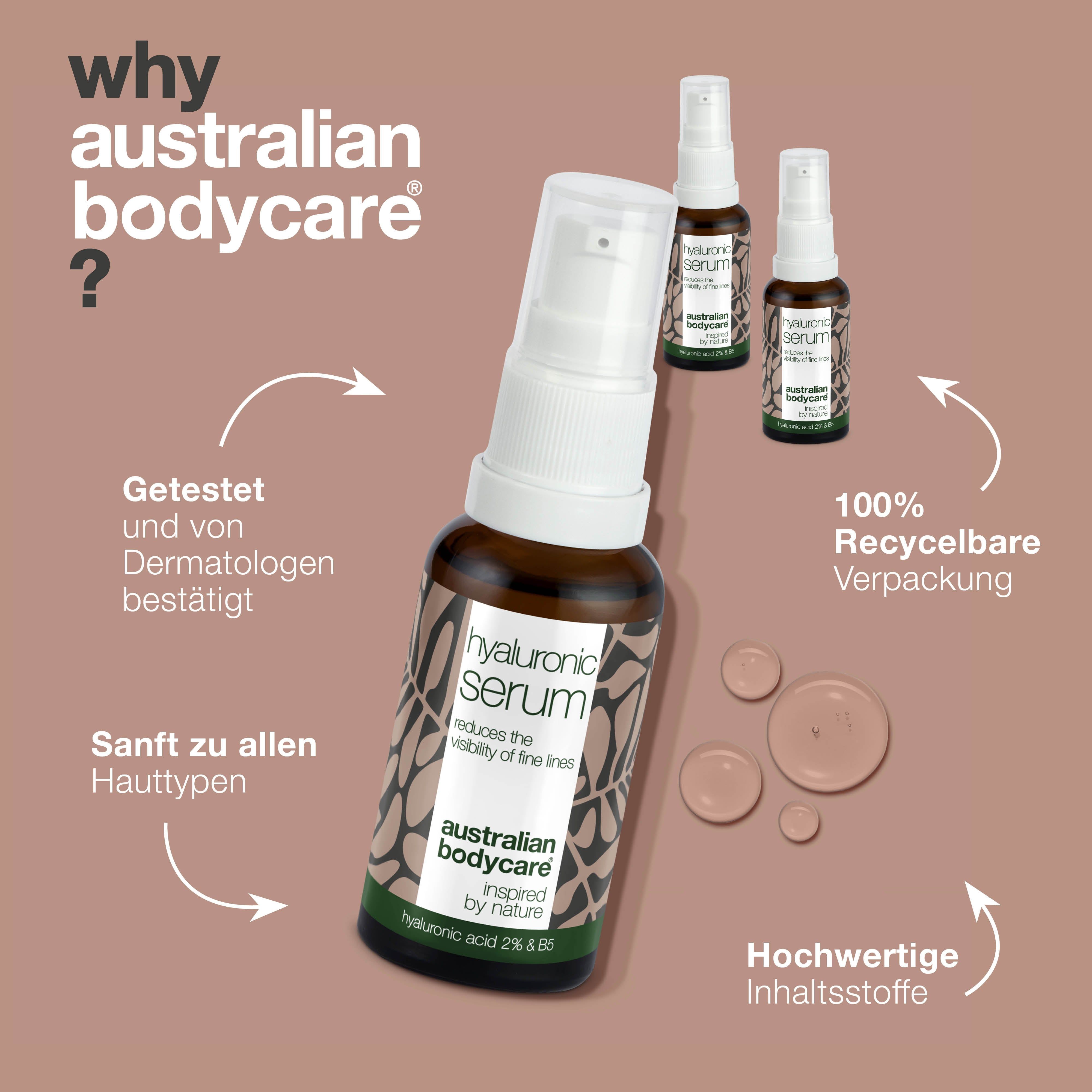Produktpräsentation mit Serumflaschen. Aufschrift: Hyaluronic Serum, Australian Bodycare.