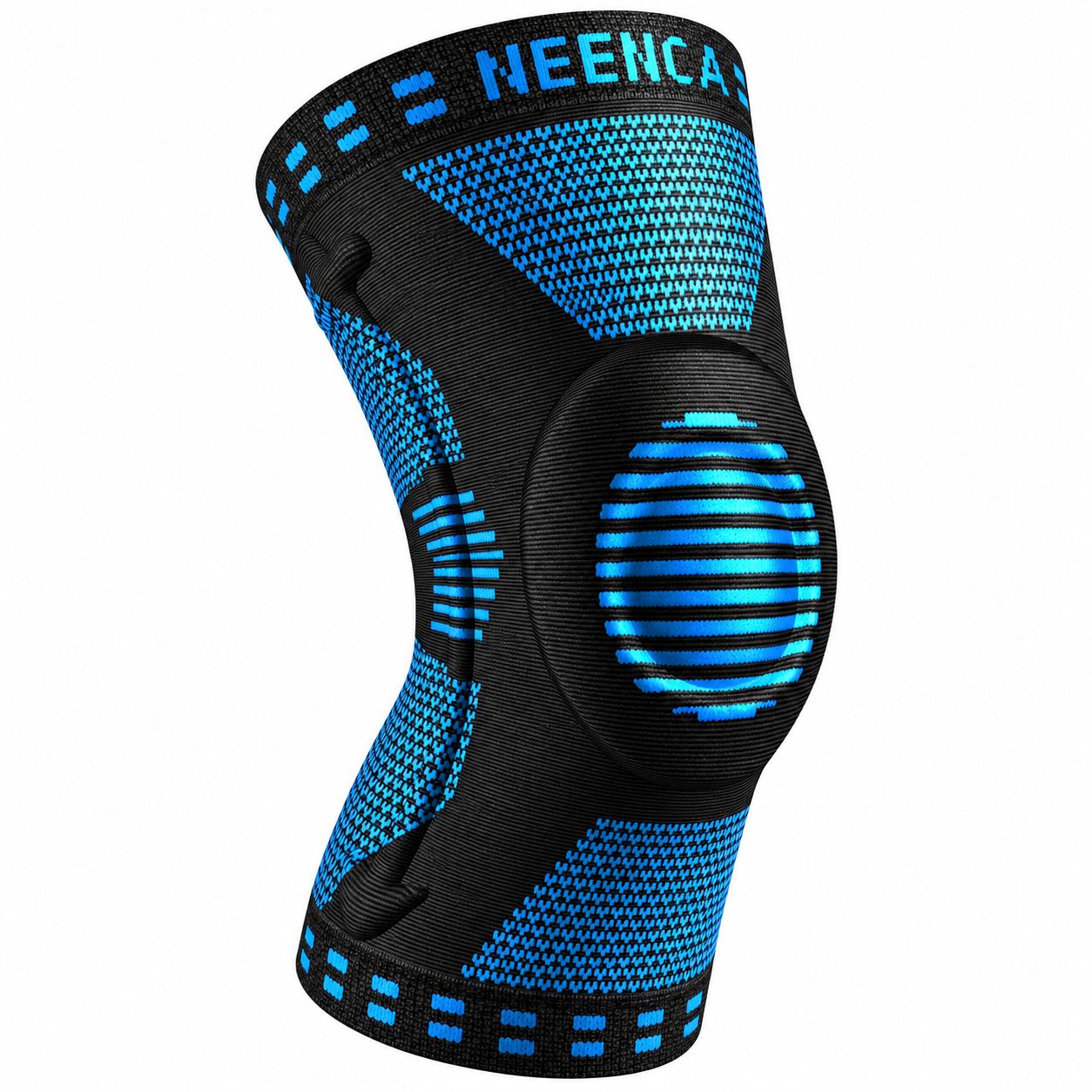 Schwarze Kniebandage mit detaillierter Darstellung von Atmungsaktivität und Patella-Gelpolster.