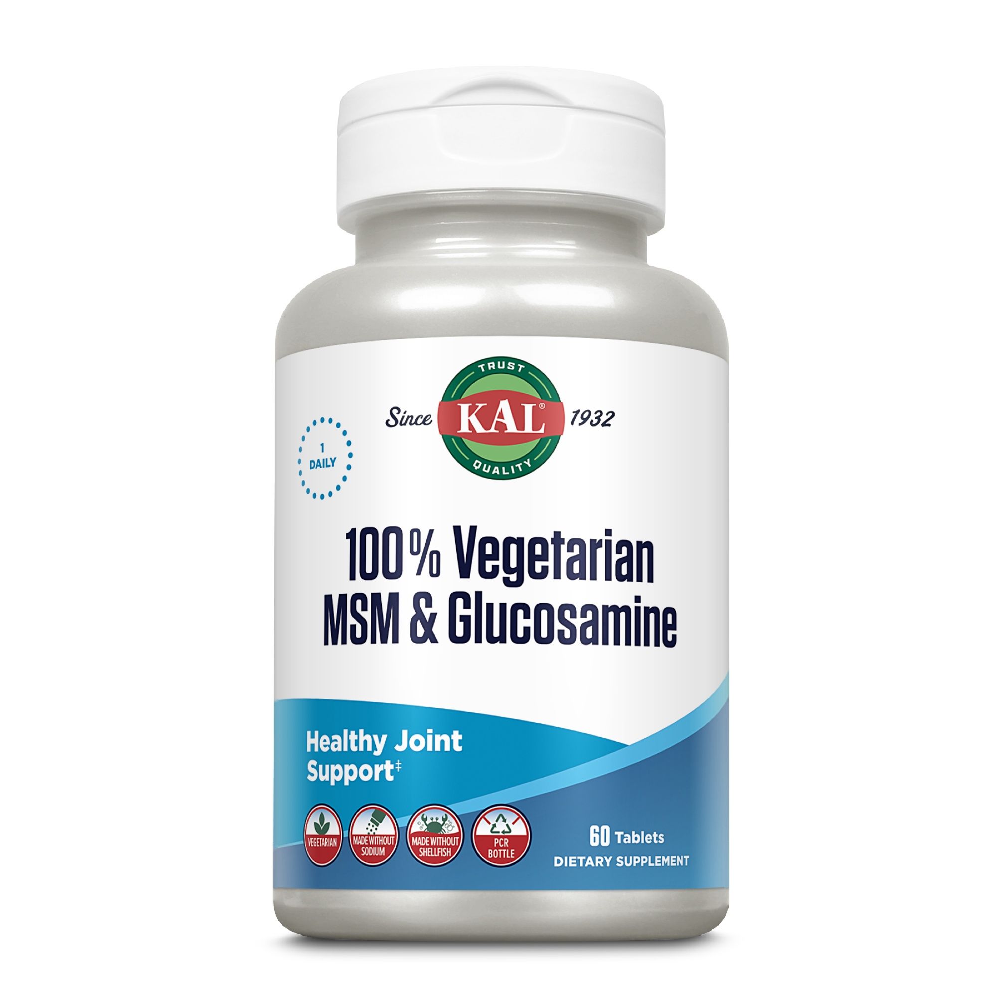 Eine Flasche KAL MSM & Glucosamin. Aufschrift: 100% vegetarisch. 60 Tabletten. Healthy Joint Support.
