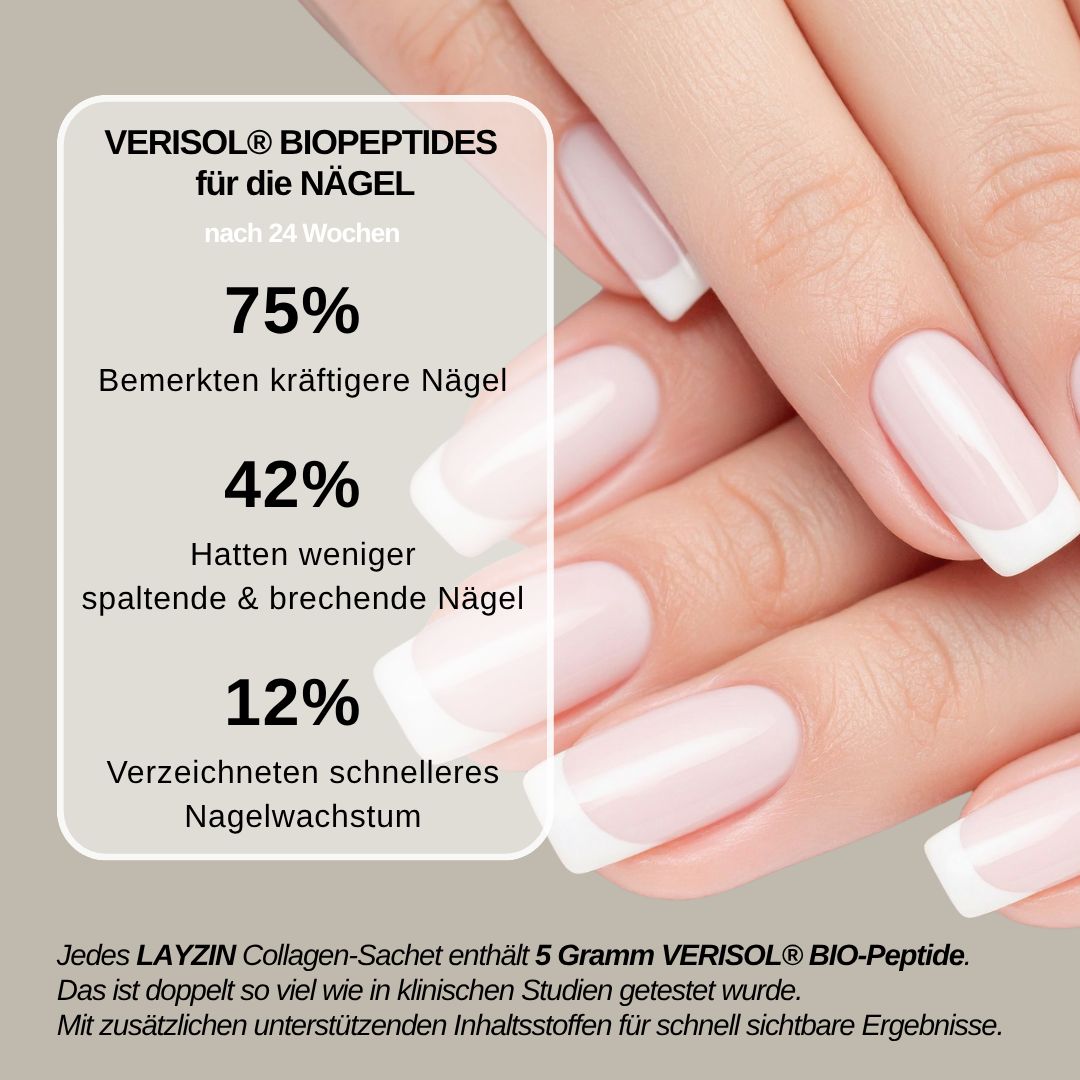 Nahaufnahme von Händen mit lackierten Nägeln. Text: Verisol Biopeptide für die Nägel.