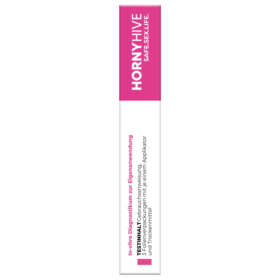 Schmale Verpackung mit "Horny Hive" Logo und Text. Enthält "Testinhalt". Rosa und weißes Design. Für Eigenanwendung.