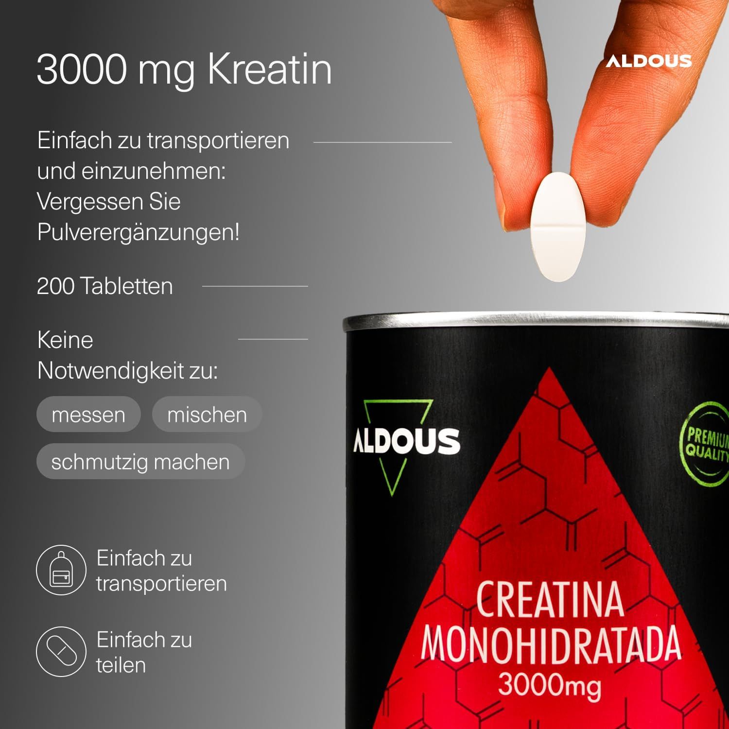 Aldous Creatin Monohydrat Tablette: 200 Tabletten, 3000 mg Kreatin pro Tablette. Einfach zu transportieren und einzunehmen.